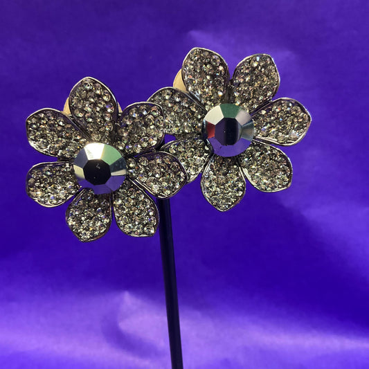 Vintage Butler and Wilson Pewter Tone Large Daisy Crystal Clip on Earrings, Signed as new