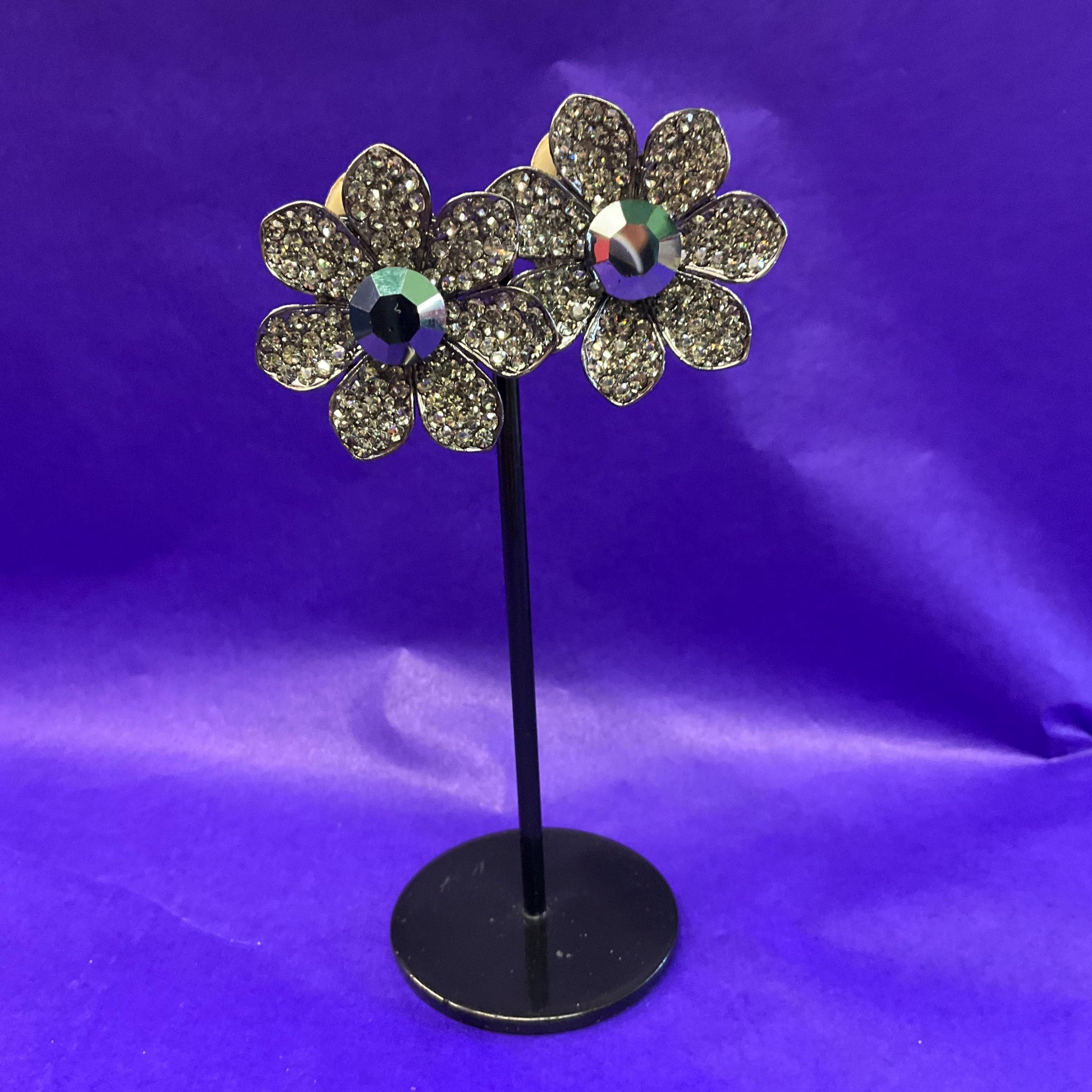 Vintage Butler and Wilson Pewter Tone Large Daisy Crystal Clip on Earrings, Signed as new