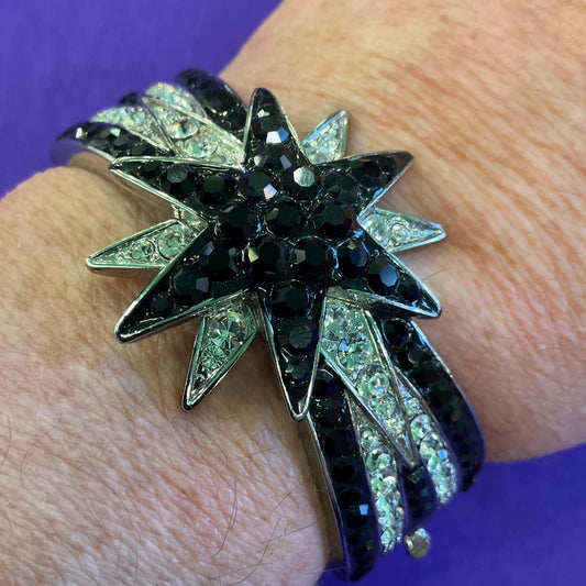 Vintage Butler and Wilson Monotone Art Deco Style Star Bangle, Silver tone with black and silver rhinestones