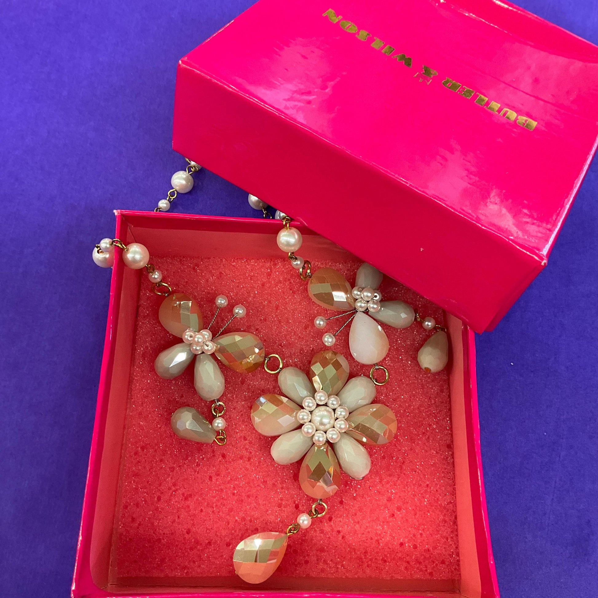 Vintage Butler and Wilson Bohemian Gold and Ivory Crystal and Faux Pearl Flower and Butterflies Drop Necklace, signed as new
