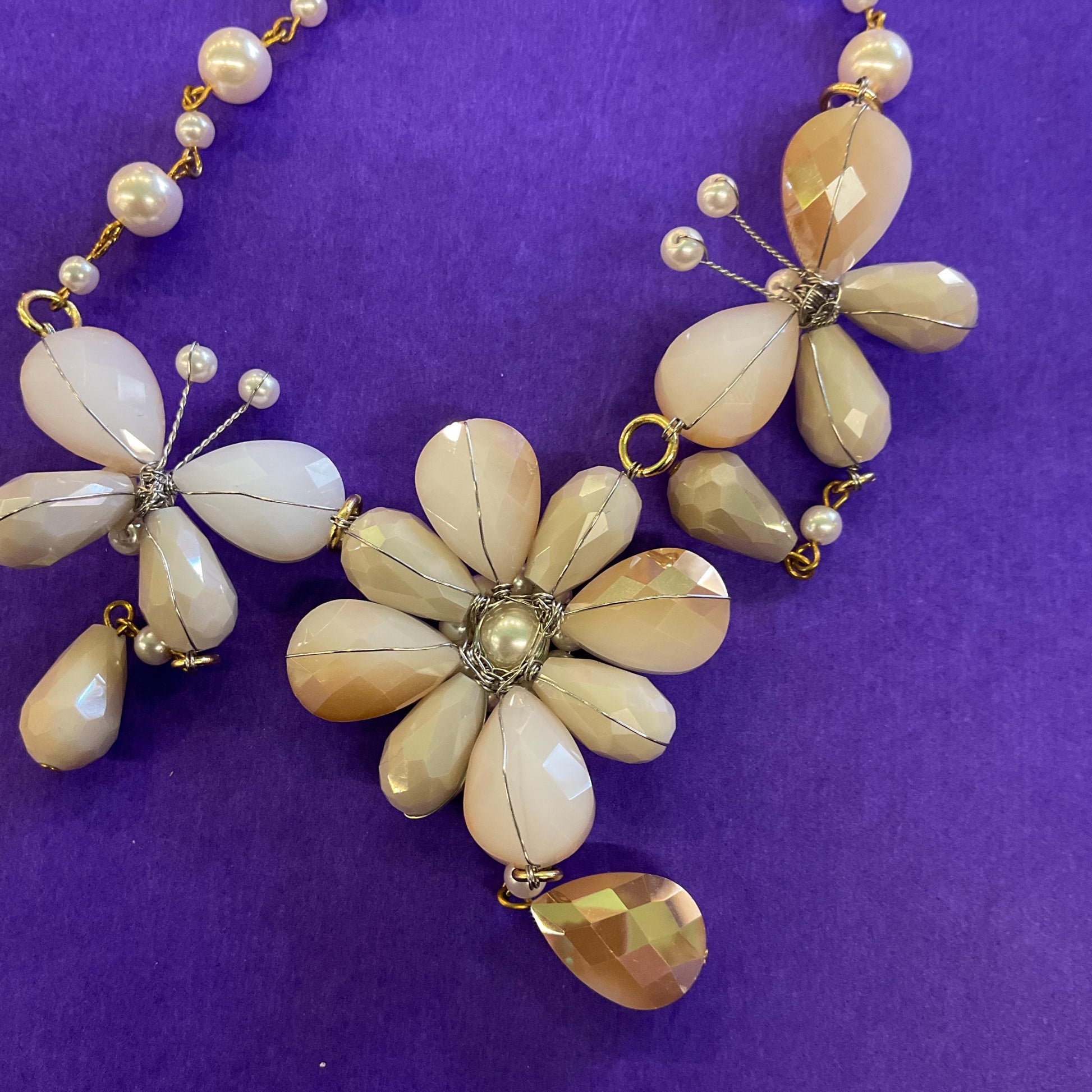 Vintage Butler and Wilson Bohemian Gold and Ivory Crystal and Faux Pearl Flower and Butterflies Drop Necklace, signed as new