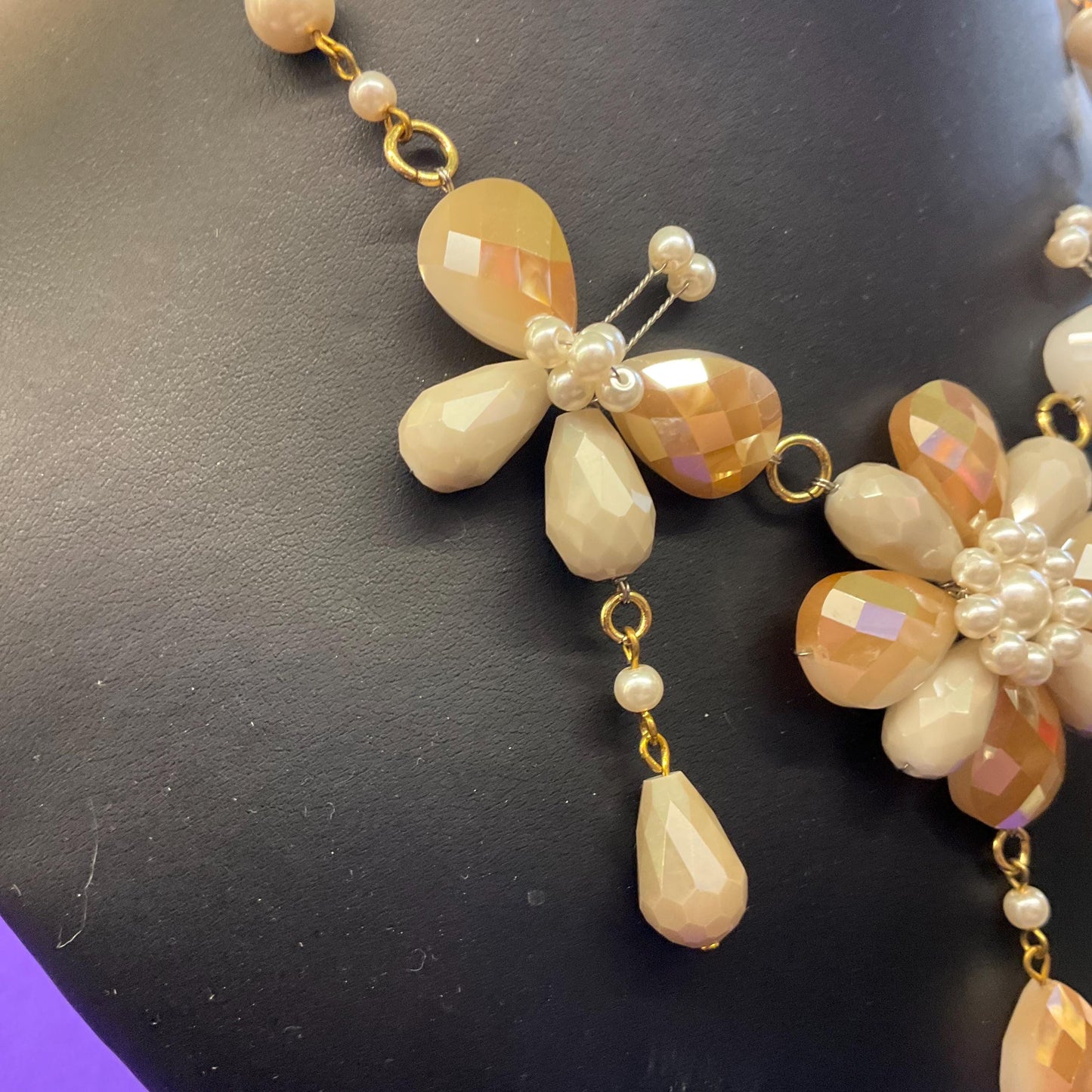 Vintage Butler and Wilson Bohemian Gold and Ivory Crystal and Faux Pearl Flower and Butterflies Drop Necklace, signed as new