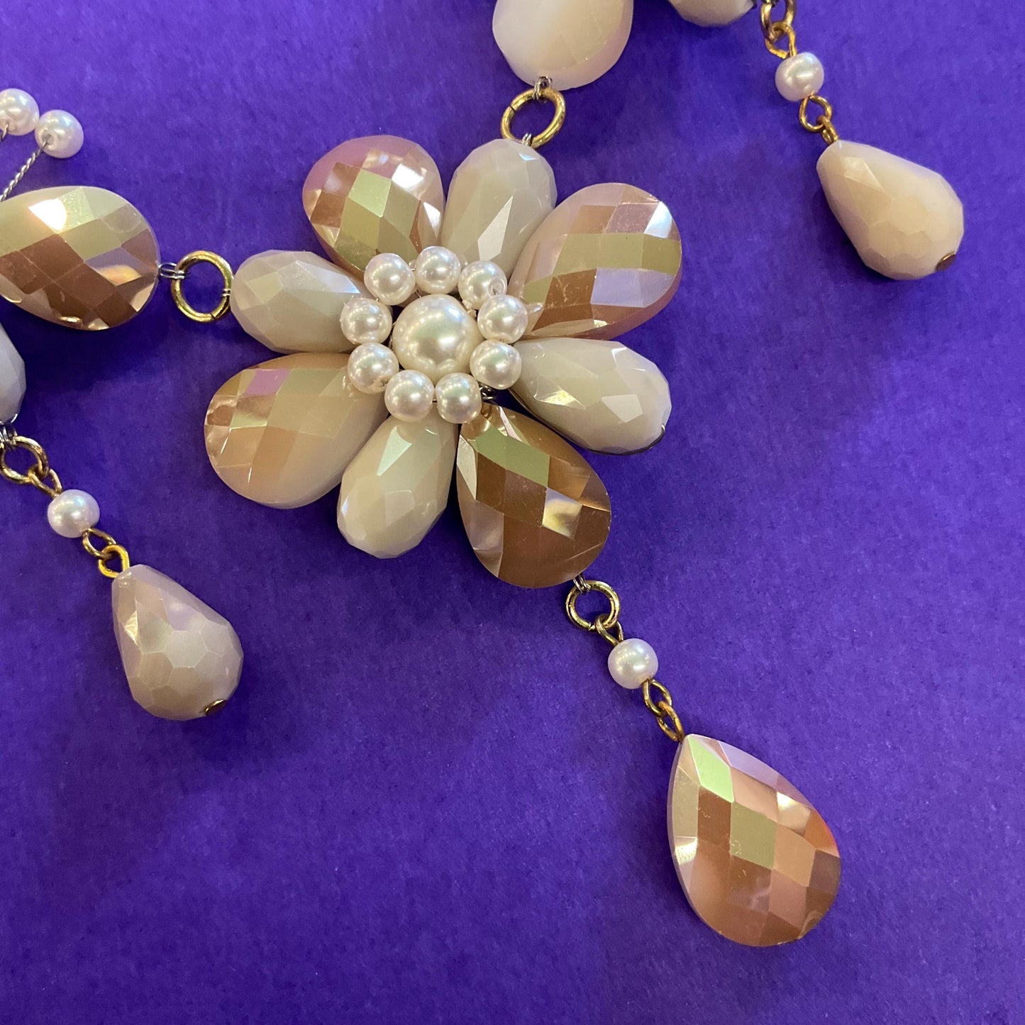 Vintage Butler and Wilson Bohemian Gold and Ivory Crystal and Faux Pearl Flower and Butterflies Drop Necklace, signed as new