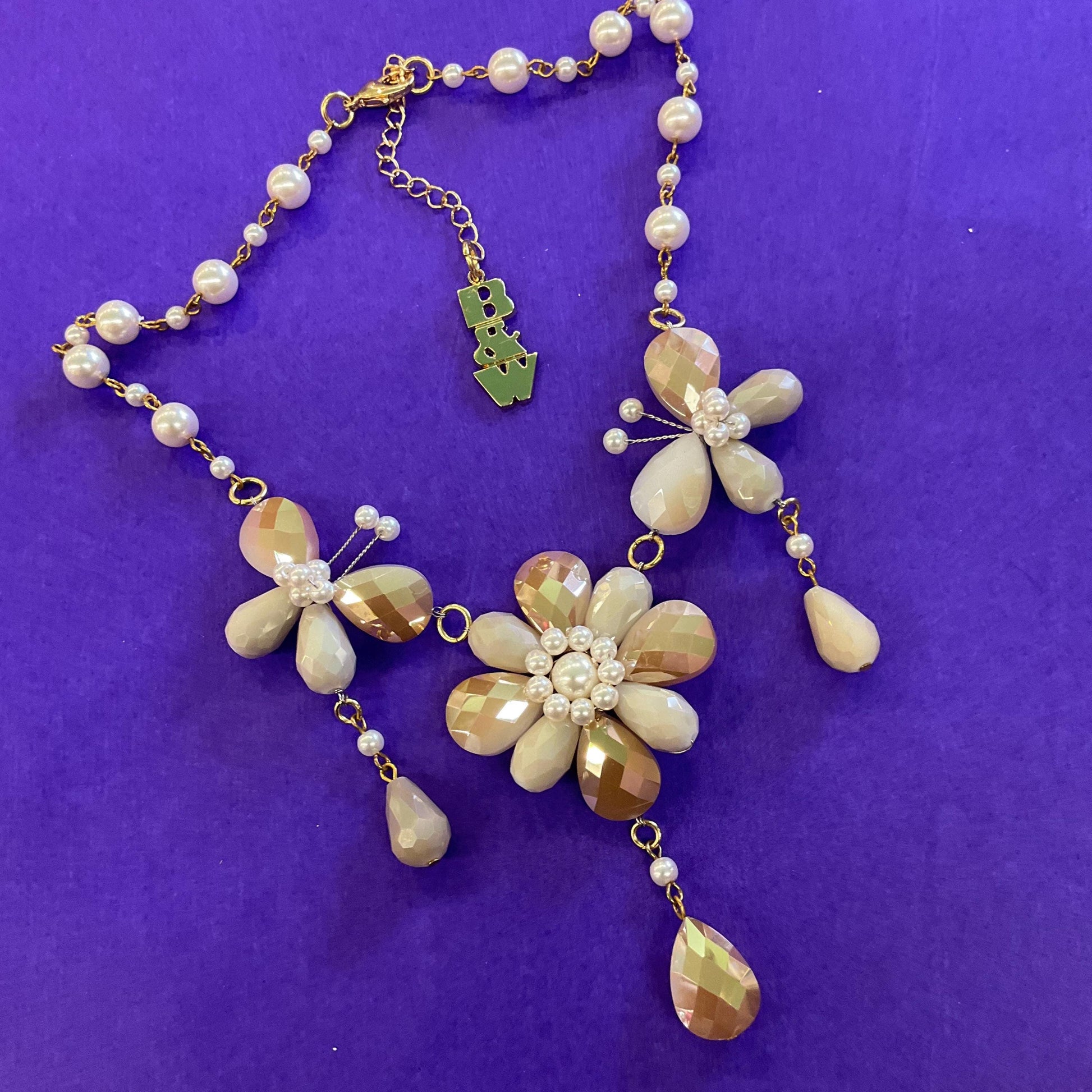 Vintage Butler and Wilson Bohemian Gold and Ivory Crystal and Faux Pearl Flower and Butterflies Drop Necklace, signed as new