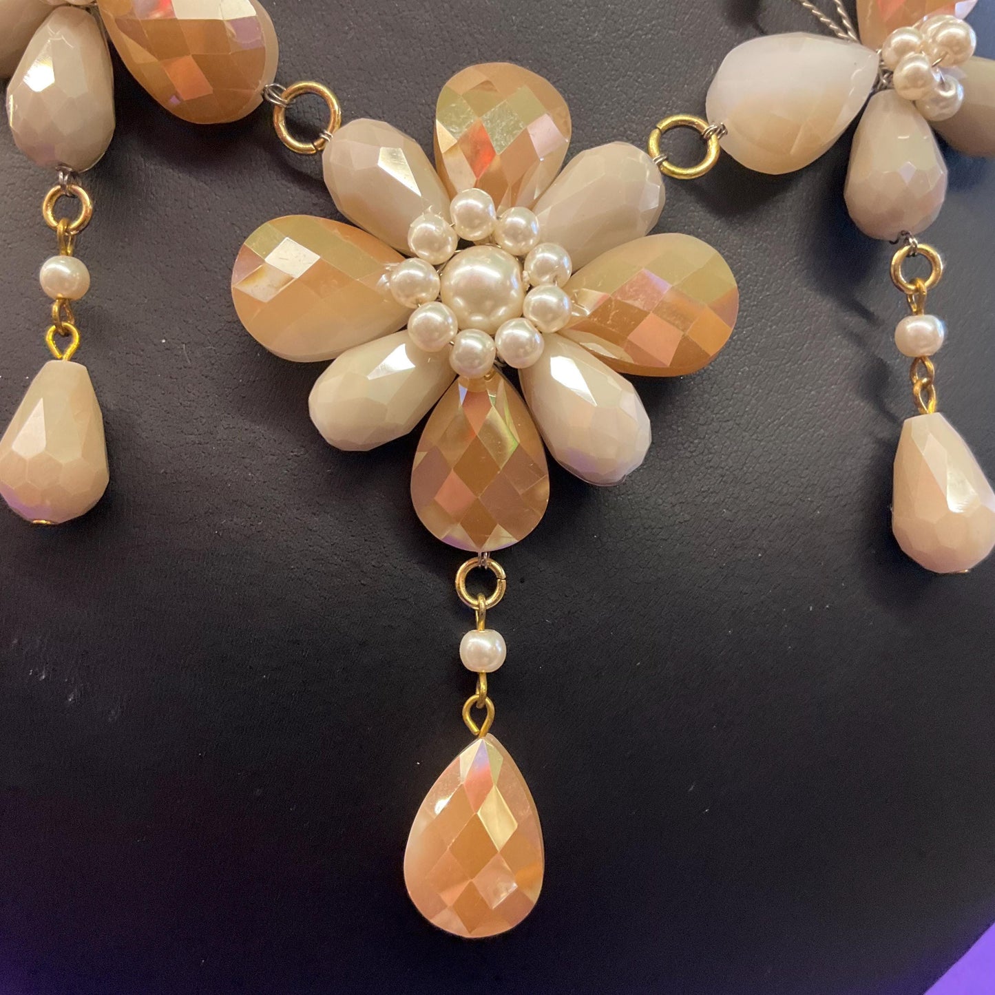 Vintage Butler and Wilson Bohemian Gold and Ivory Crystal and Faux Pearl Flower and Butterflies Drop Necklace, signed as new