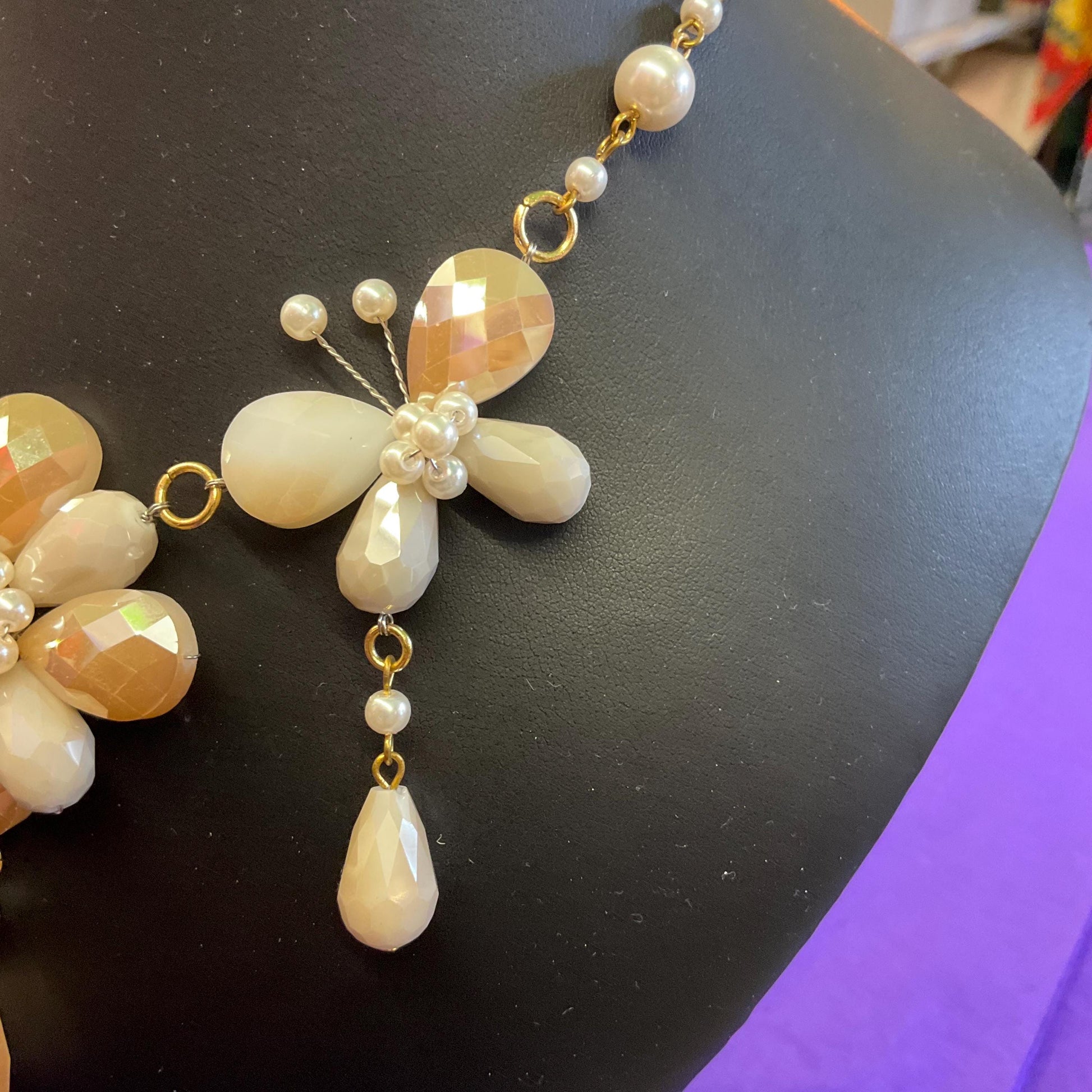 Vintage Butler and Wilson Bohemian Gold and Ivory Crystal and Faux Pearl Flower and Butterflies Drop Necklace, signed as new
