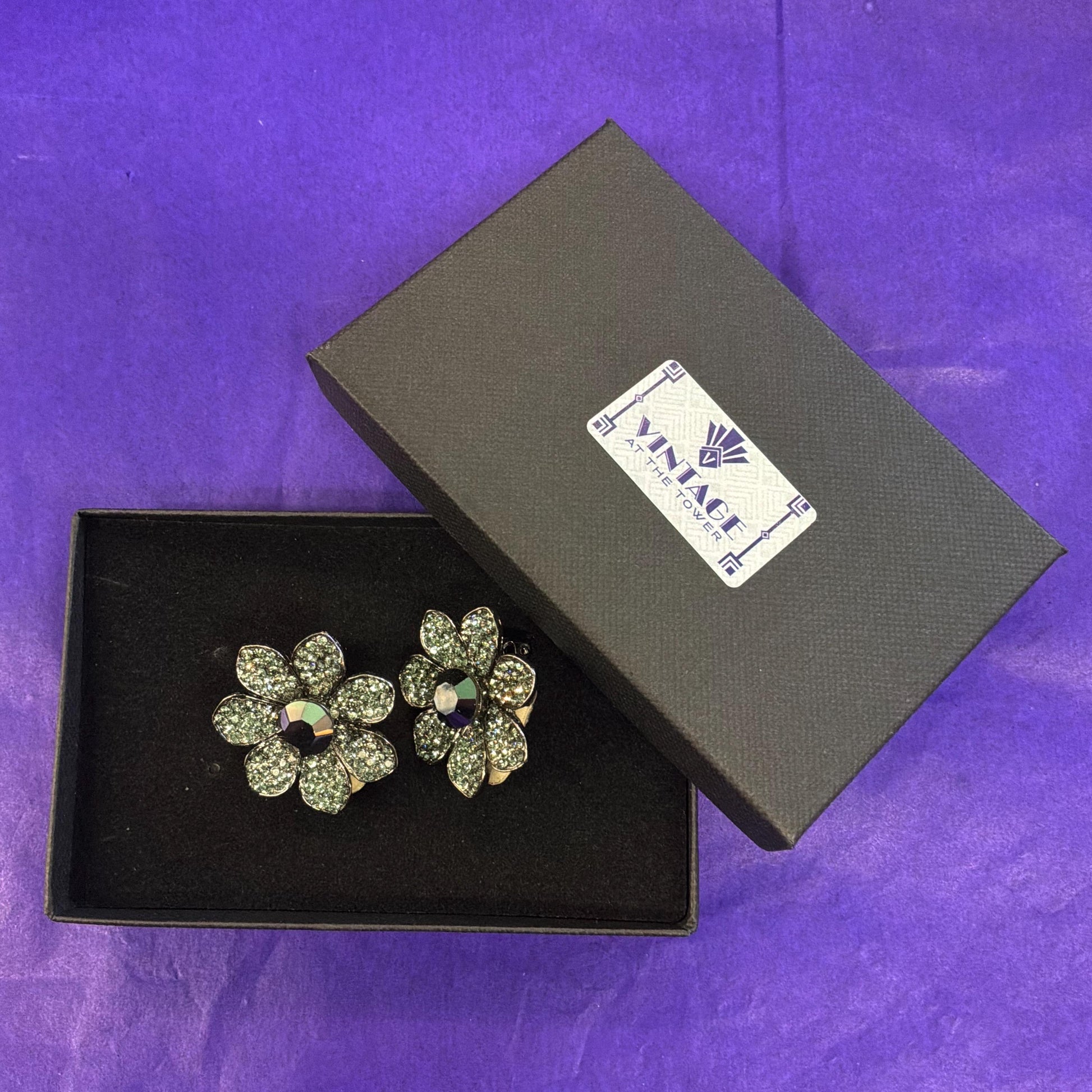 Vintage Butler and Wilson Pewter Tone Large Daisy Crystal Clip on Earrings, Signed as new
