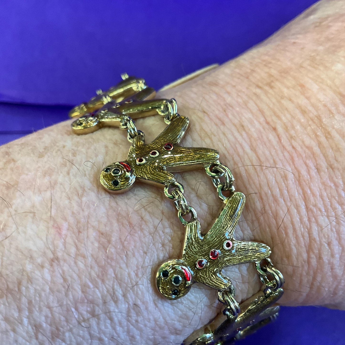 Vintage Butler and Wilson Gold Tone Enamel Gingerbread Man Bracelet, Signed as new