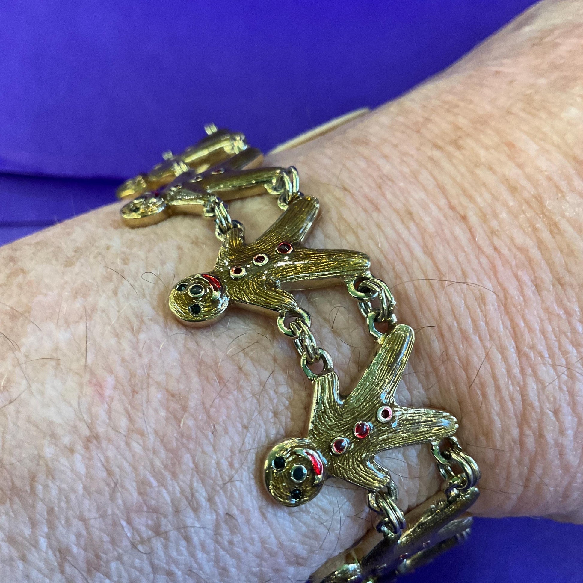 Vintage Butler and Wilson Gold Tone Enamel Gingerbread Man Bracelet, Signed as new