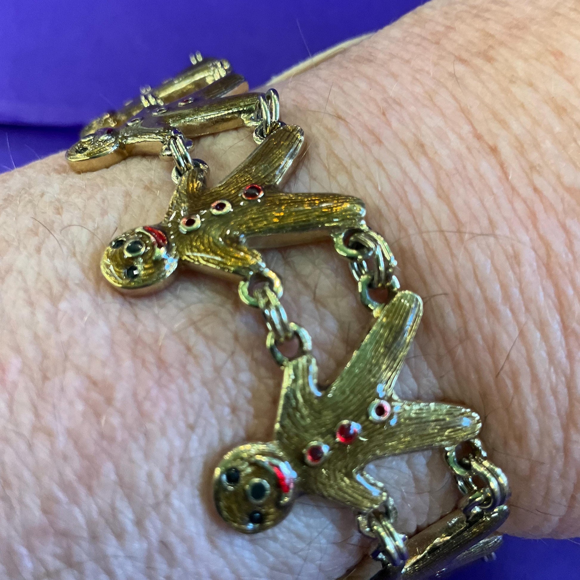Vintage Butler and Wilson Gold Tone Enamel Gingerbread Man Bracelet, Signed as new