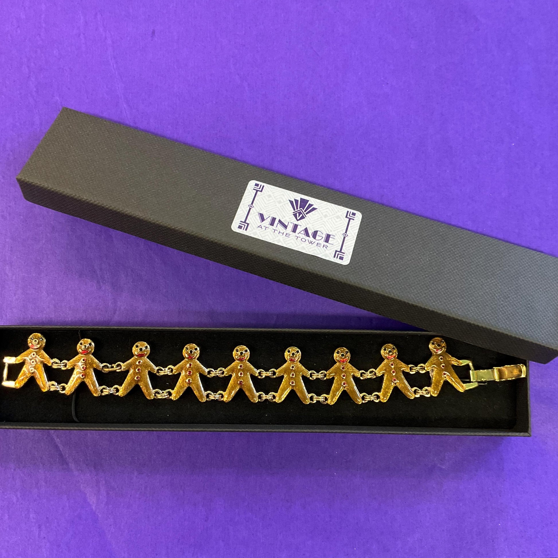 Vintage Butler and Wilson Gold Tone Enamel Gingerbread Man Bracelet, Signed as new