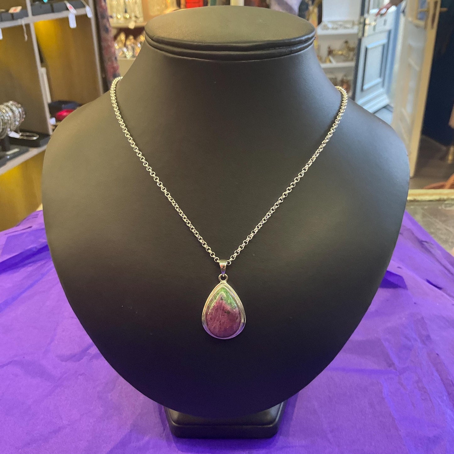 Vintage Silver (925) & Ruby Zoisite Teardrop Shaped Pendant , Silver plated cable chain