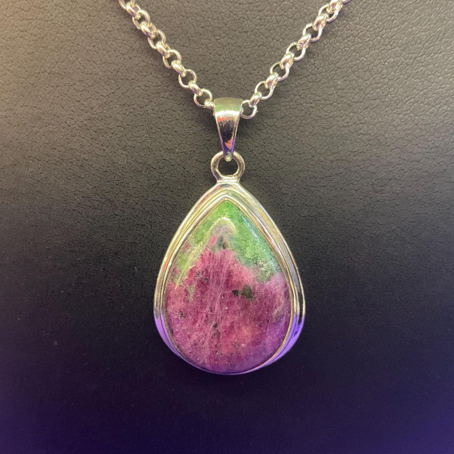 Vintage Silver (925) & Ruby Zoisite Teardrop Shaped Pendant , Silver plated cable chain