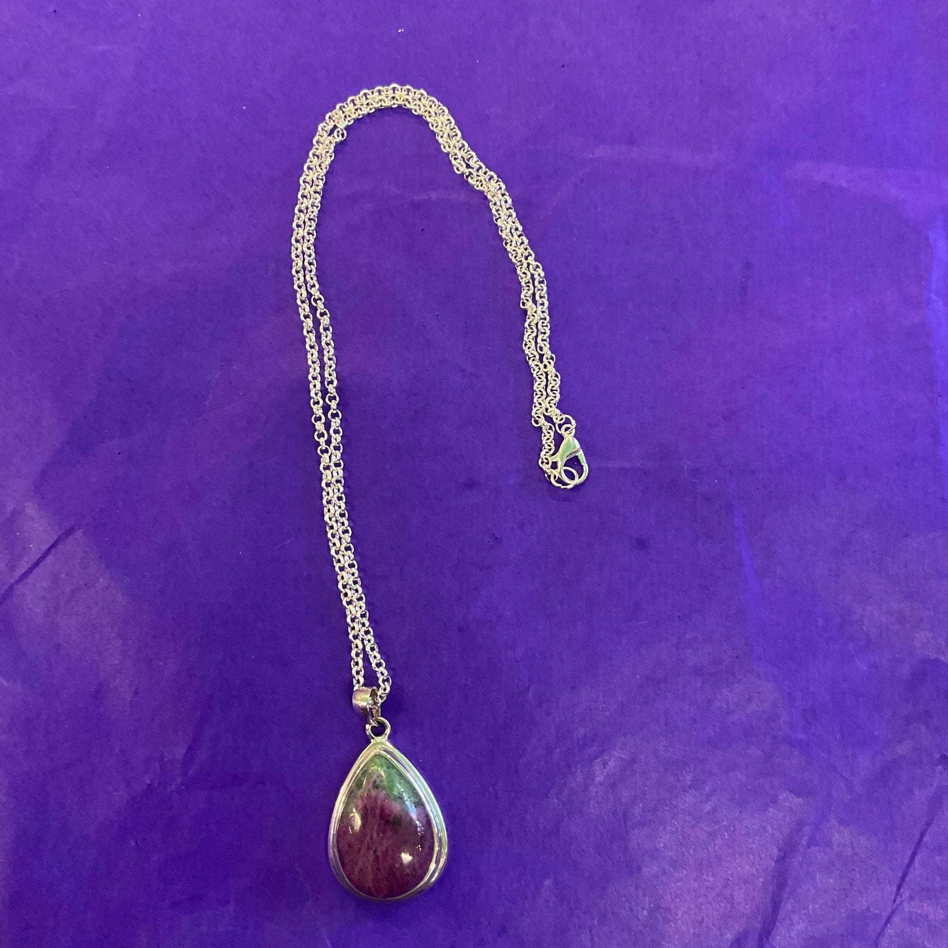 Vintage Silver (925) & Ruby Zoisite Teardrop Shaped Pendant , Silver plated cable chain