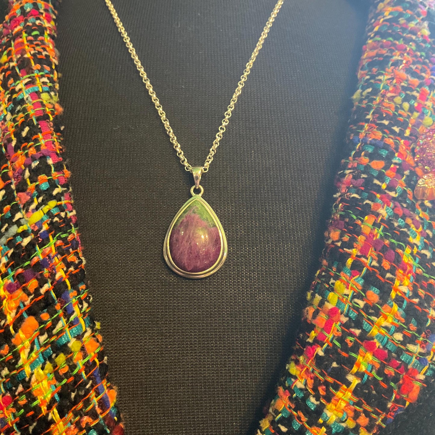 Vintage Silver (925) & Ruby Zoisite Teardrop Shaped Pendant , Silver plated cable chain