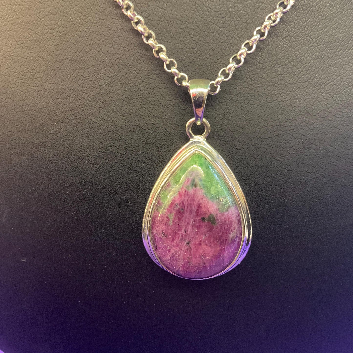 Vintage Silver (925) & Ruby Zoisite Teardrop Shaped Pendant , Silver plated cable chain