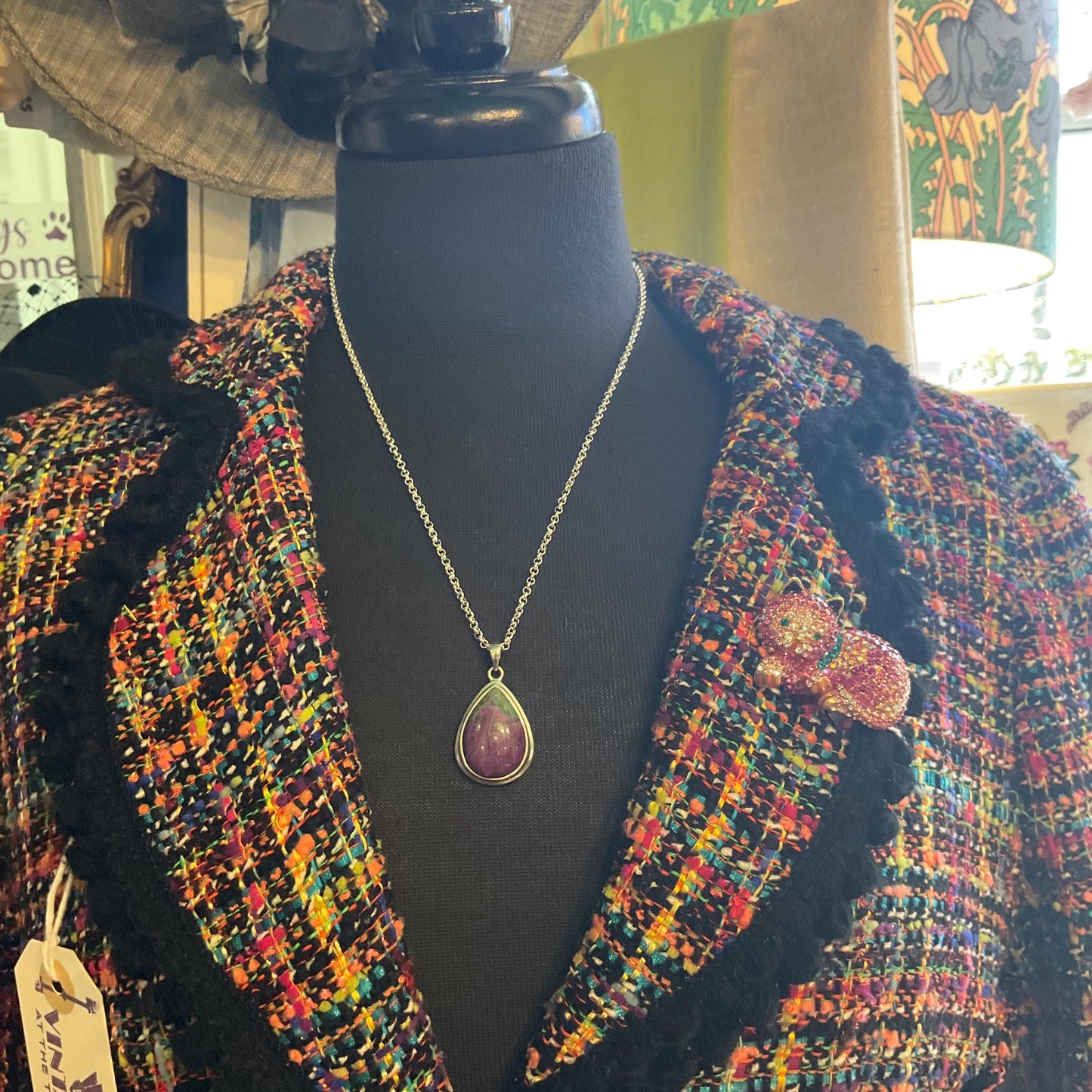 Vintage Silver (925) & Ruby Zoisite Teardrop Shaped Pendant , Silver plated cable chain