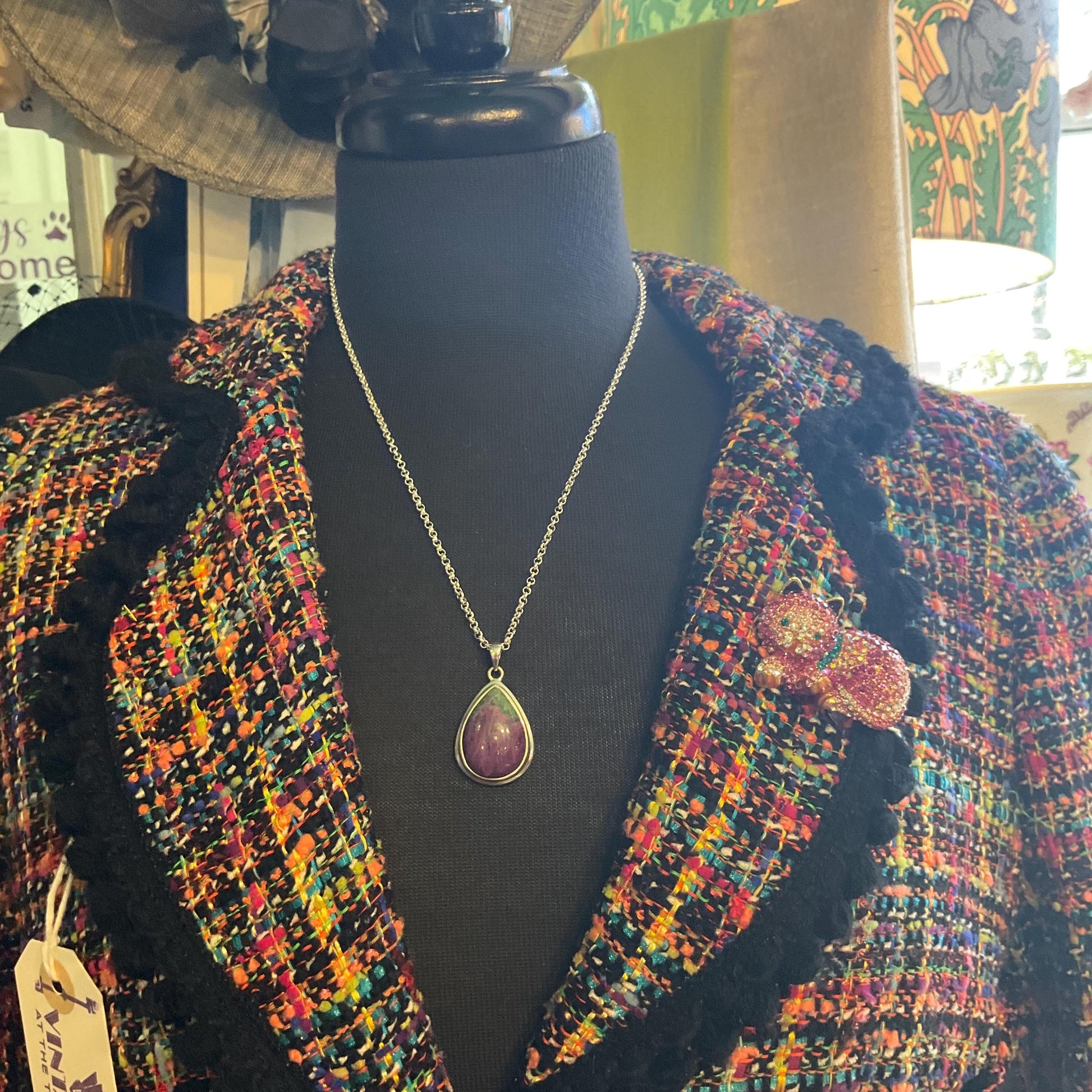 Vintage Silver (925) & Ruby Zoisite Teardrop Shaped Pendant , Silver plated cable chain