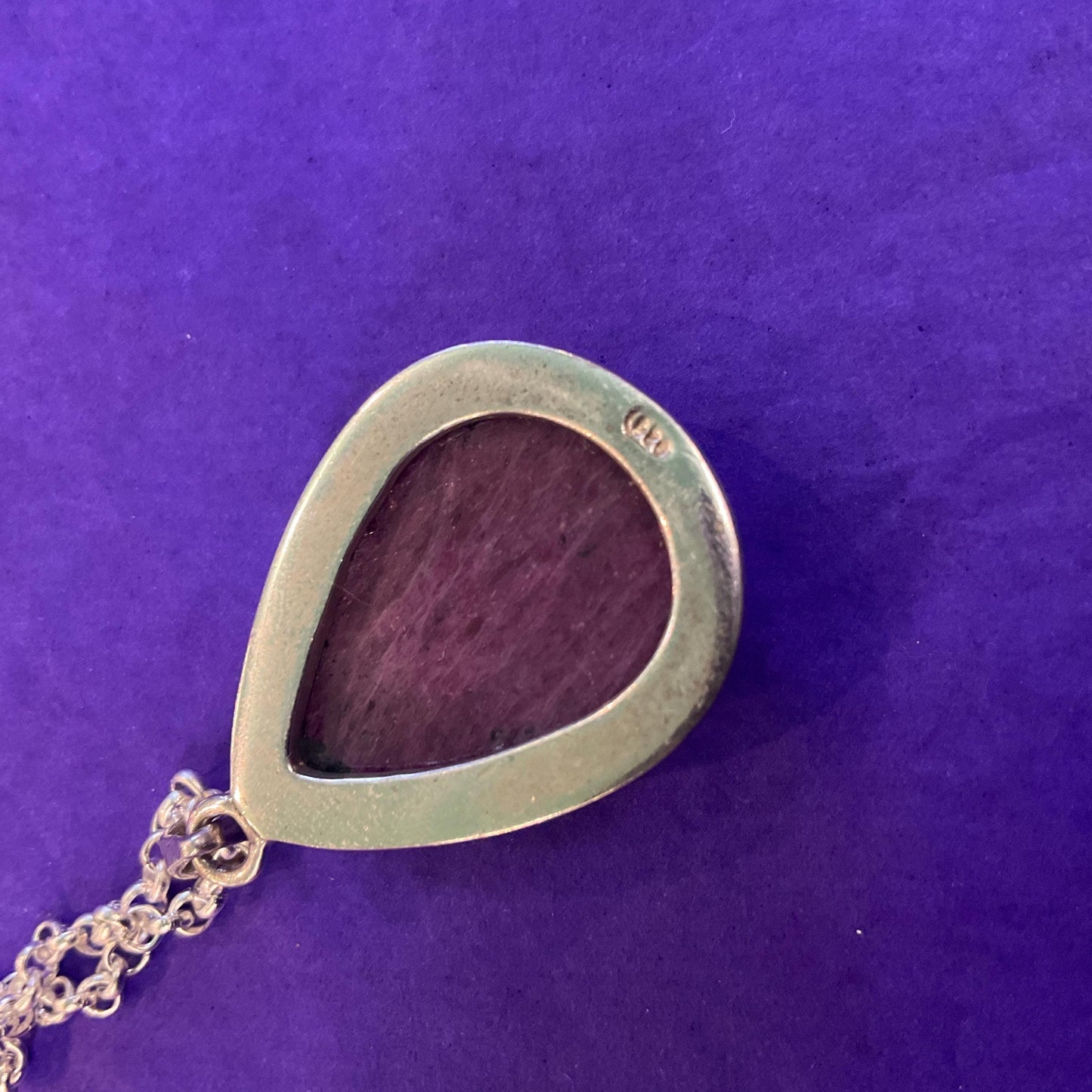 Vintage Silver (925) & Ruby Zoisite Teardrop Shaped Pendant , Silver plated cable chain