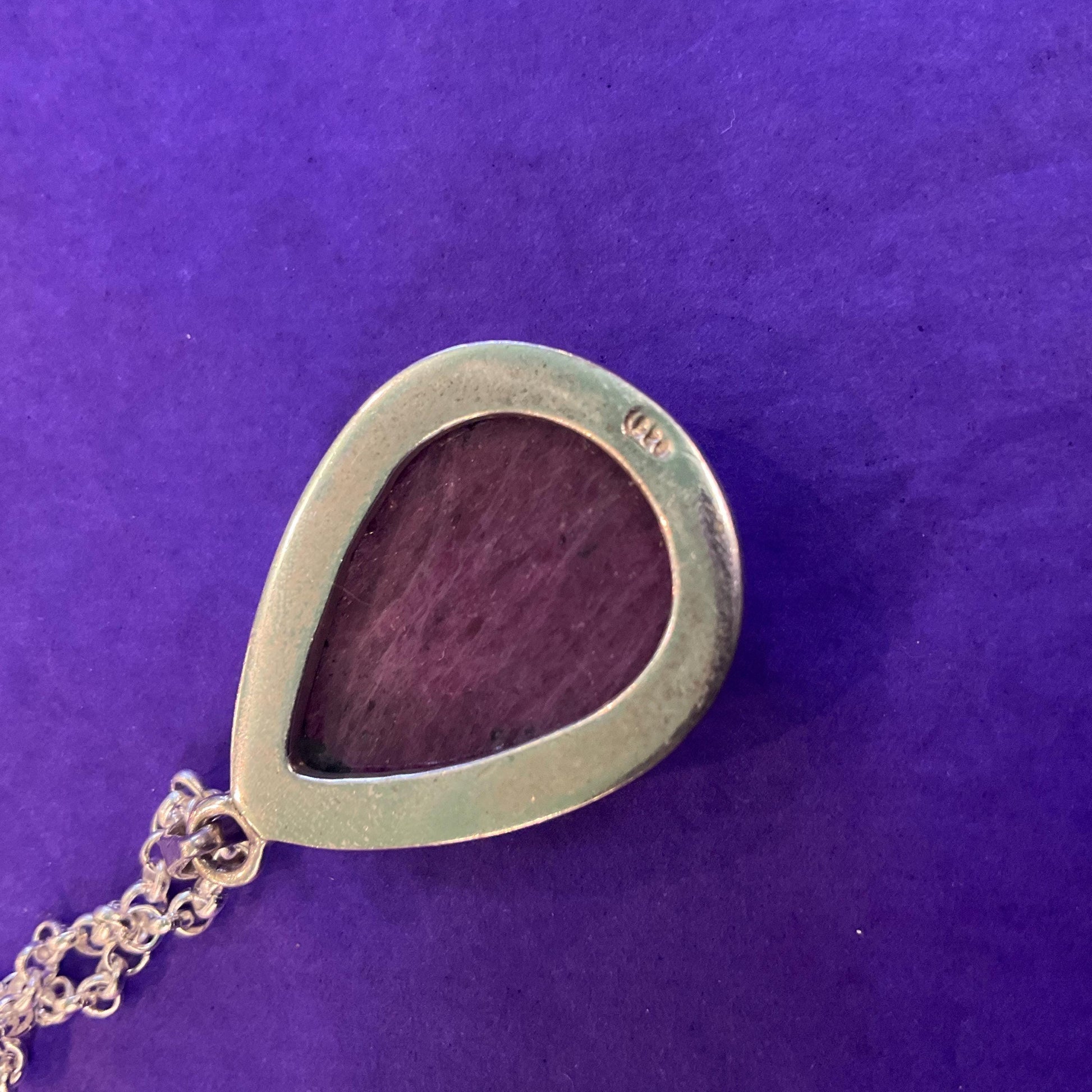 Vintage Silver (925) & Ruby Zoisite Teardrop Shaped Pendant , Silver plated cable chain