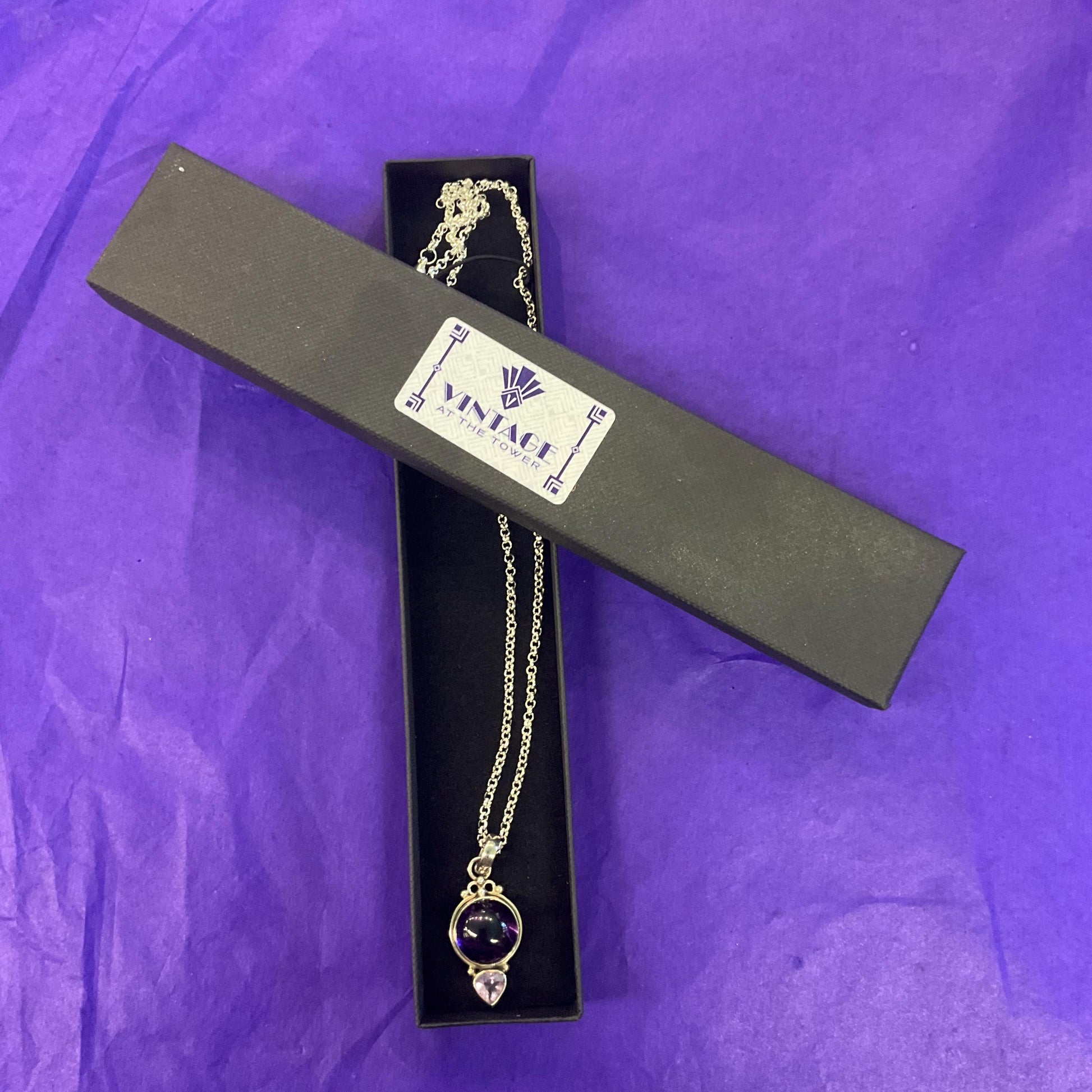 Vintage Amethyst and Silver (925) Pendant, Artisan made with new silver plated chain