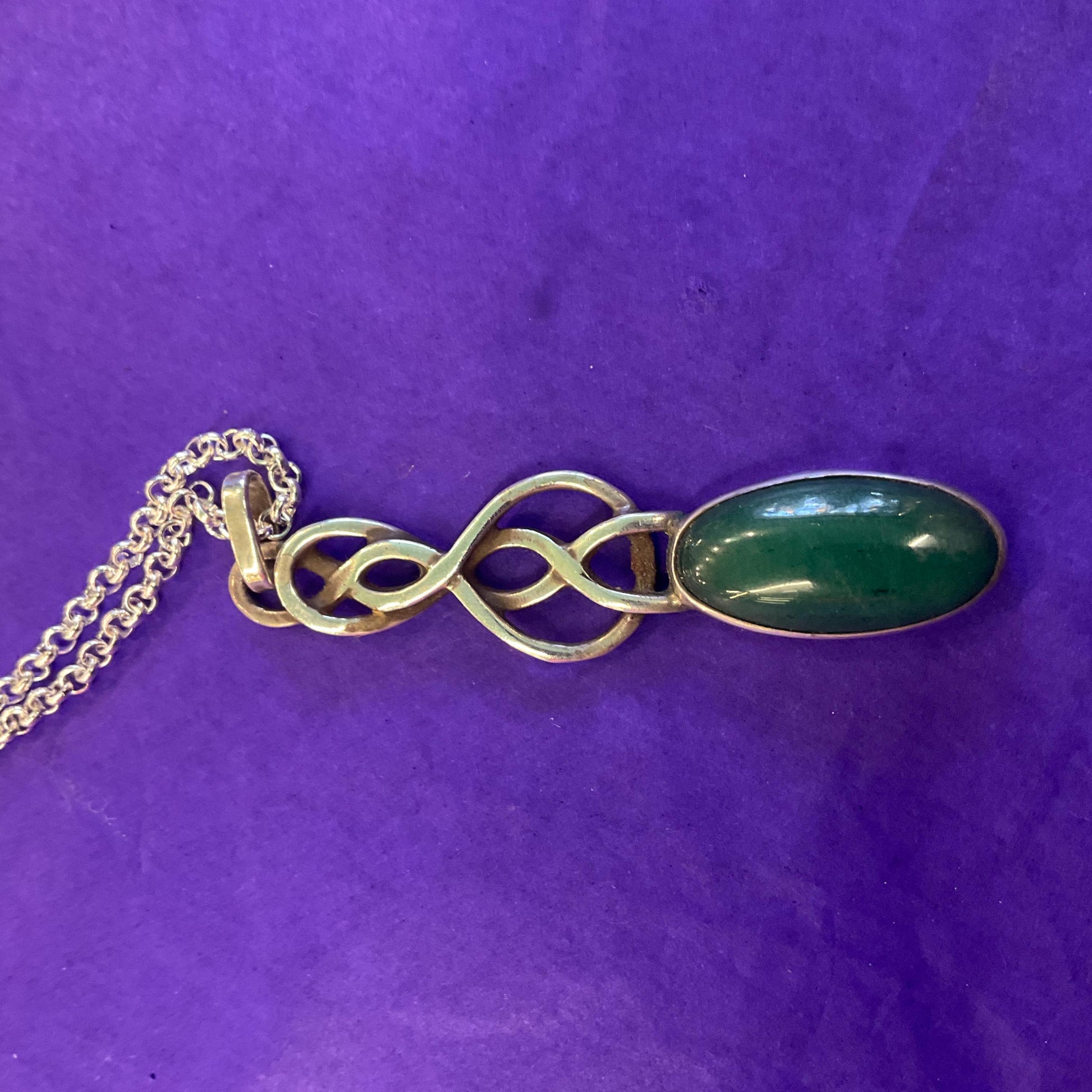Vintage Silver (925) and Nephride Jade Large Celtic Style Pendant, Artisan made with a silver plated belcher chain