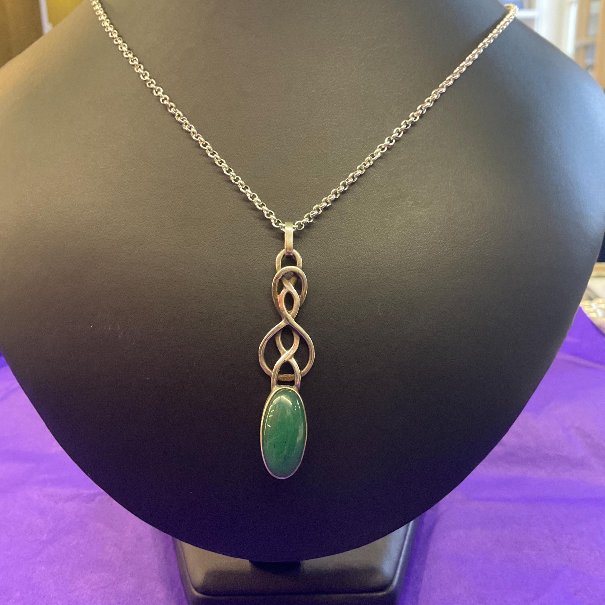 Vintage Silver (925) and Nephride Jade Large Celtic Style Pendant, Artisan made with a silver plated belcher chain