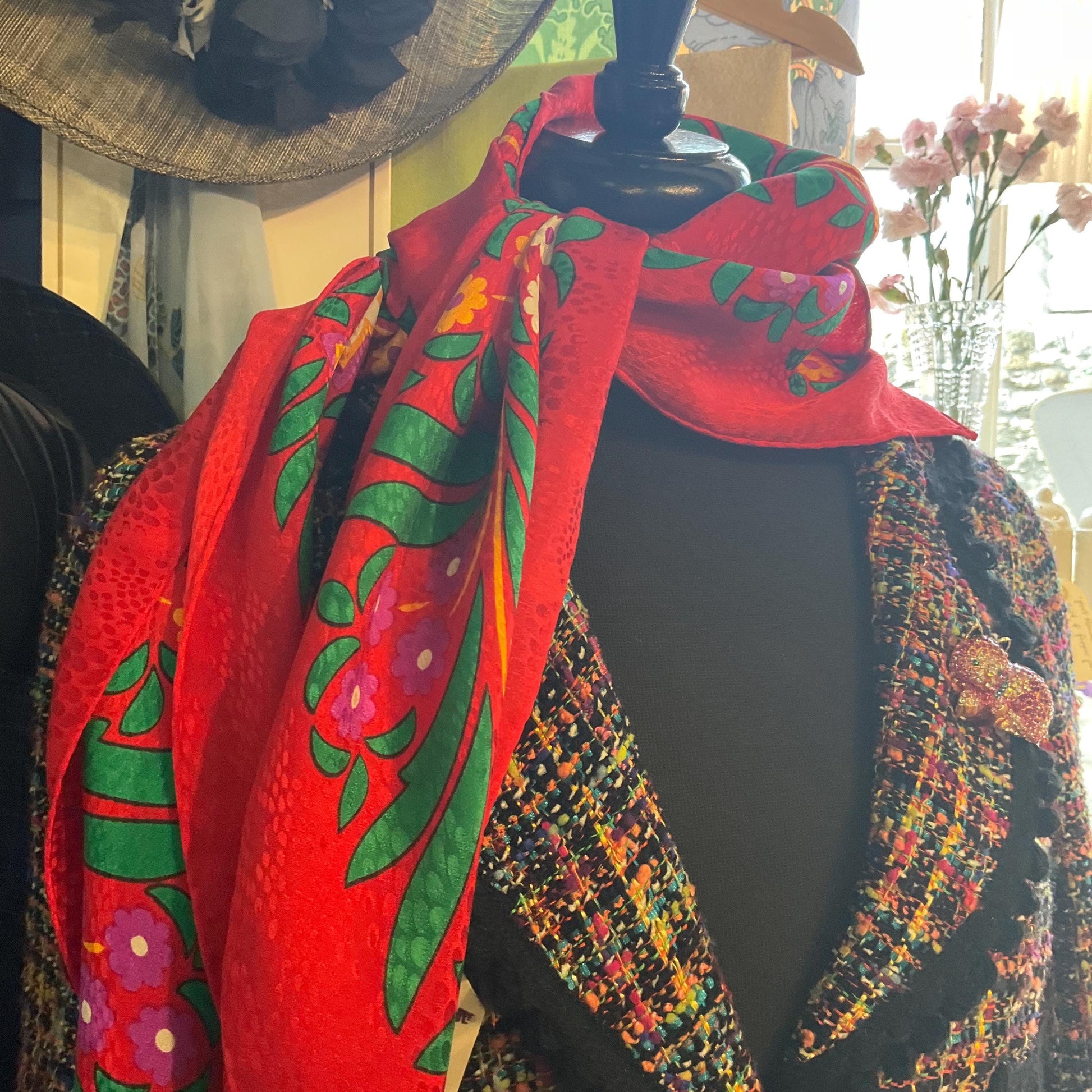 Vintage YVES ST LAURENT 1970s/80s Large Pure Cairè Silk Scarf , vibrant stylised floral design