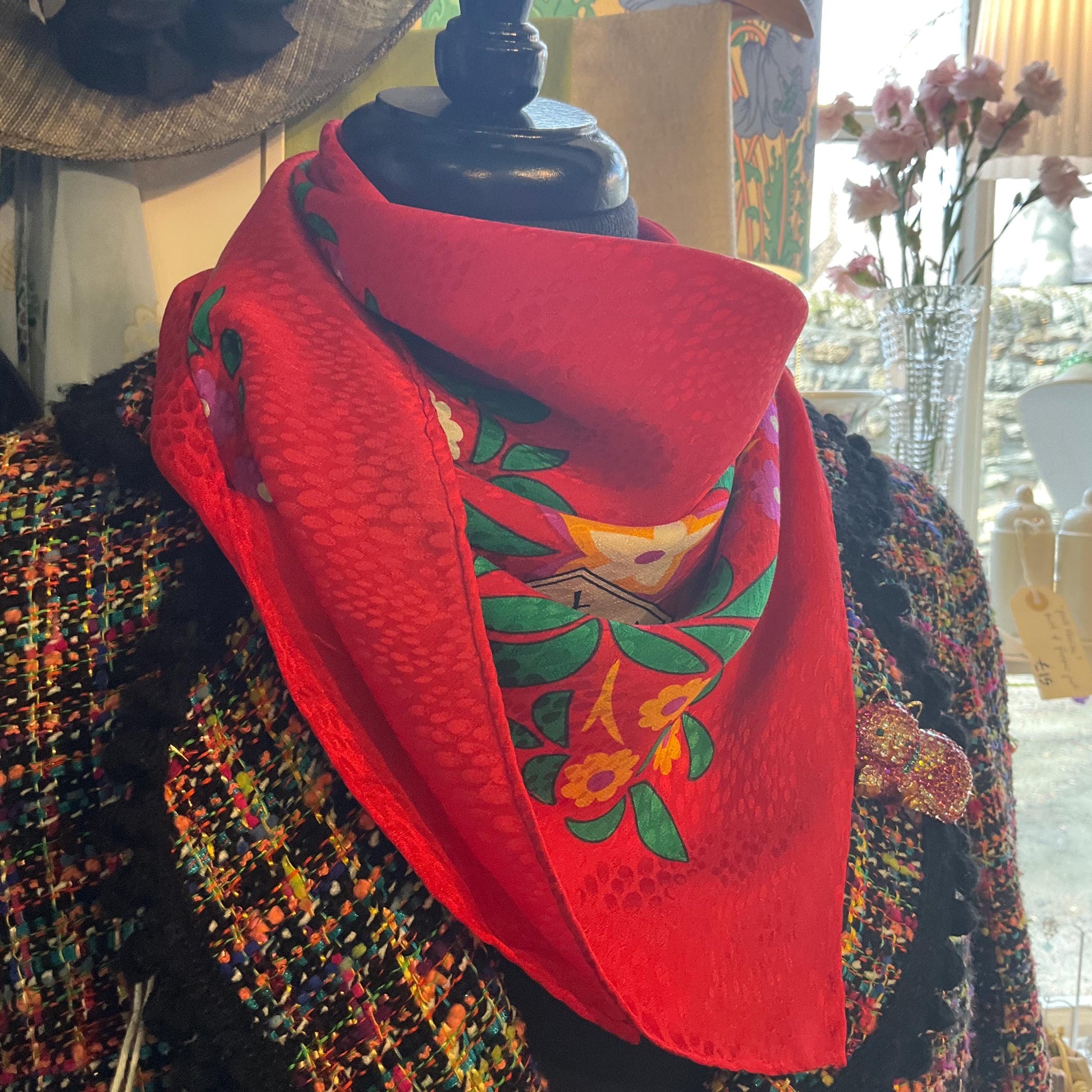 Vintage YVES ST LAURENT 1970s/80s Large Pure Cairè Silk Scarf , vibrant stylised floral design