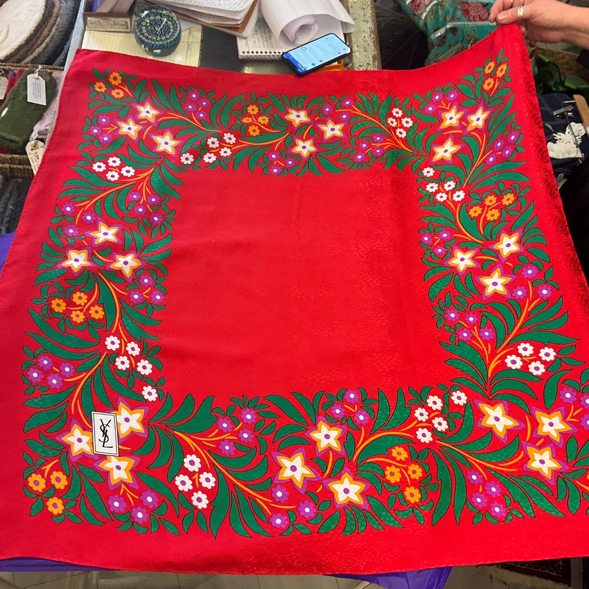 Vintage YVES ST LAURENT 1970s/80s Large Pure Cairè Silk Scarf , vibrant stylised floral design