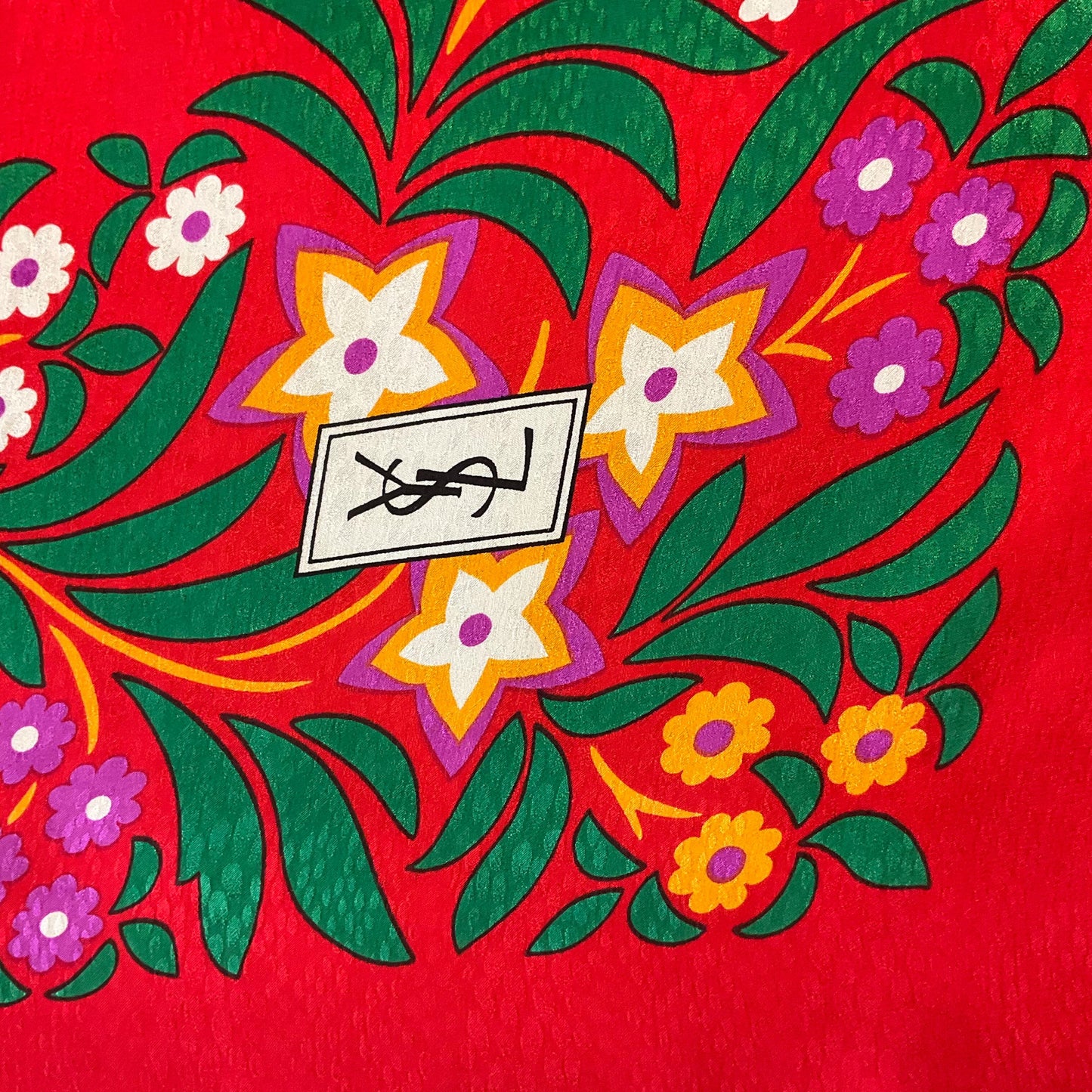 Vintage YVES ST LAURENT 1970s/80s Large Pure Cairè Silk Scarf , vibrant stylised floral design