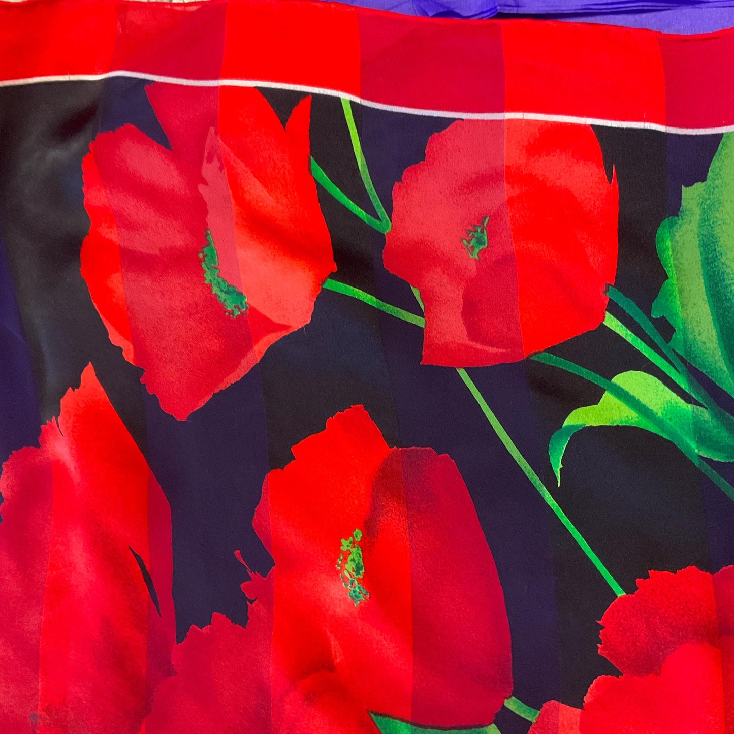 Vintage JAEGER Large Pure Silk Chiffon Devorè Poppies Print Scarf, Vibrant poppy print with hand rolled hem