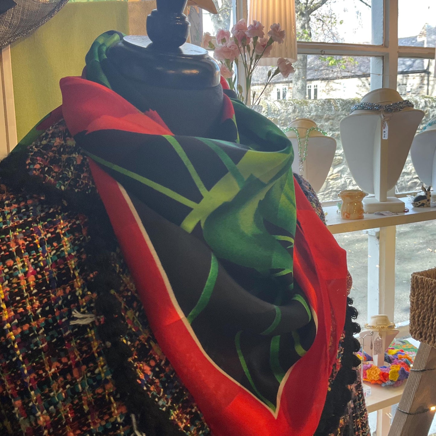 Vintage JAEGER Large Pure Silk Chiffon Devorè Poppies Print Scarf, Vibrant poppy print with hand rolled hem
