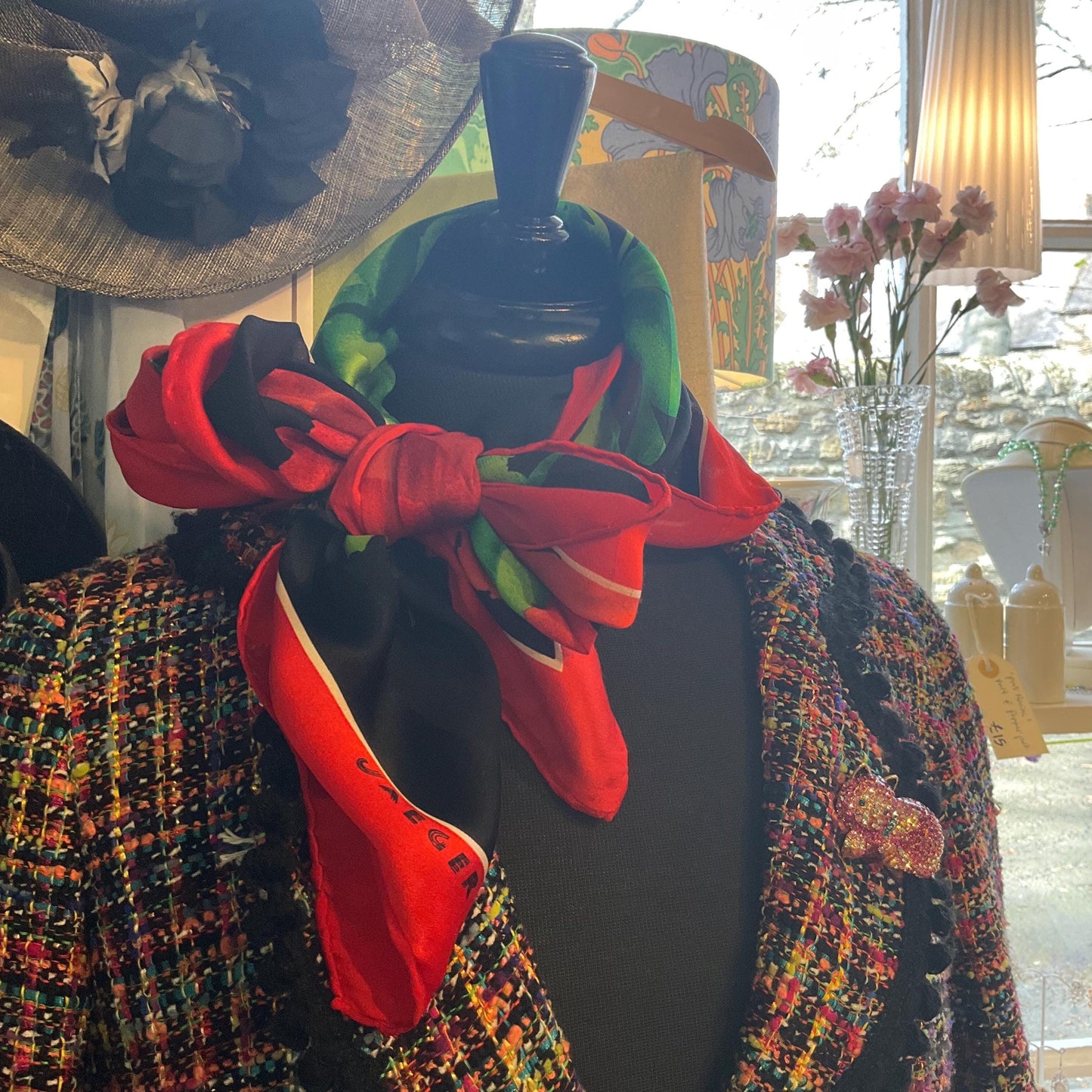 Vintage JAEGER Large Pure Silk Chiffon Devorè Poppies Print Scarf, Vibrant poppy print with hand rolled hem