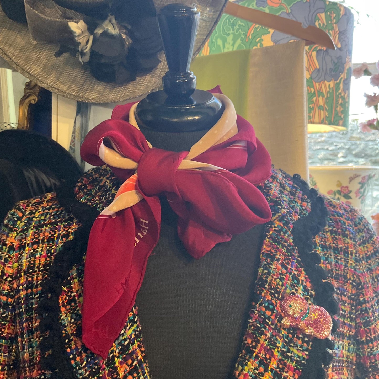 Vintage HANAE MORI ( Madame Butterfly) 1970s/1980s Large Pure Silk Butterflies Scarf, Polka dots and butterfly print