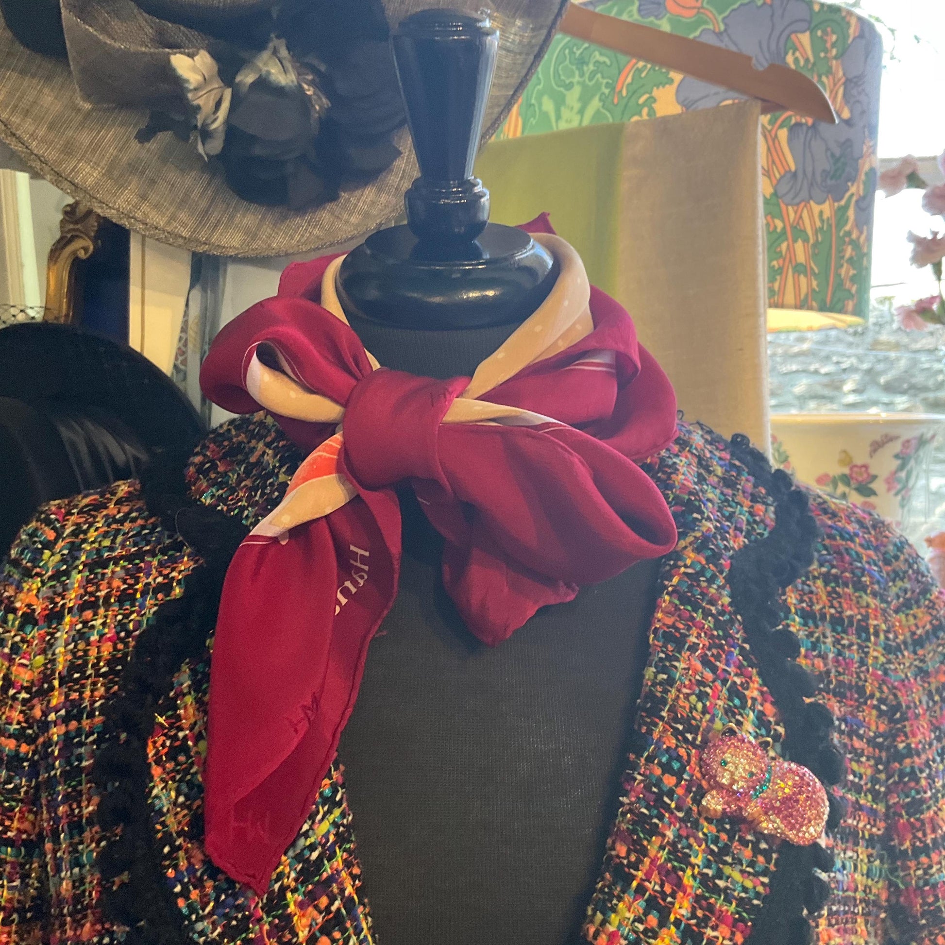 Vintage HANAE MORI ( Madame Butterfly) 1970s/1980s Large Pure Silk Butterflies Scarf, Polka dots and butterfly print