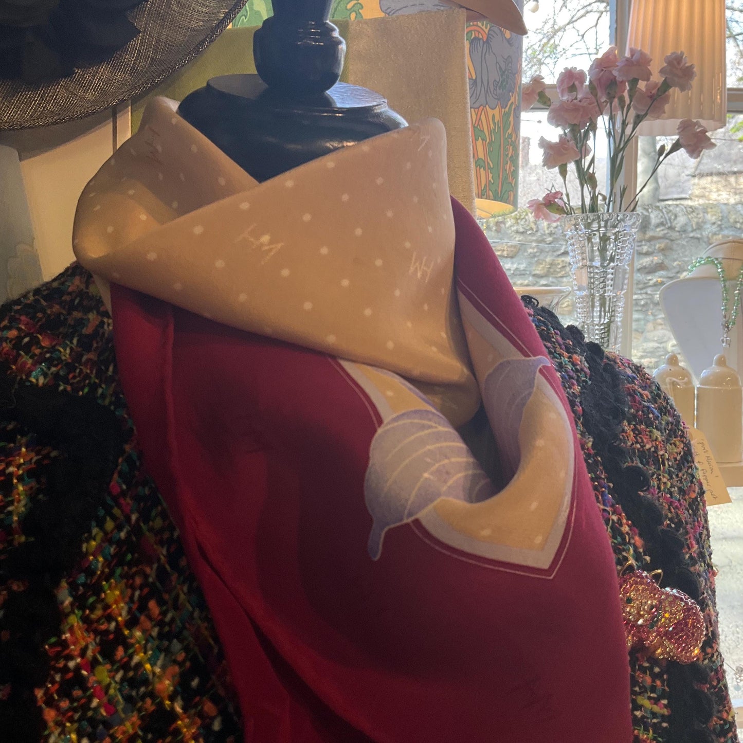 Vintage HANAE MORI ( Madame Butterfly) 1970s/1980s Large Pure Silk Butterflies Scarf, Polka dots and butterfly print