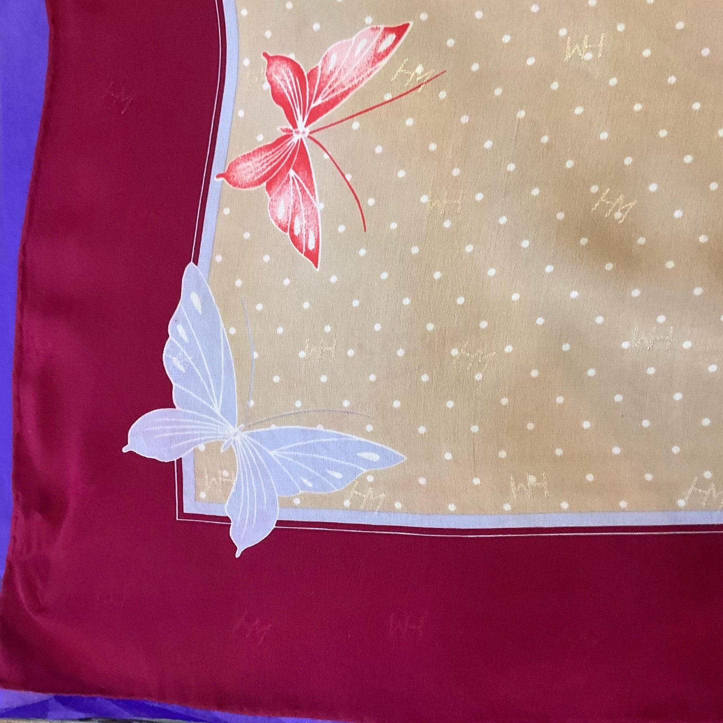 Vintage HANAE MORI ( Madame Butterfly) 1970s/1980s Large Pure Silk Butterflies Scarf, Polka dots and butterfly print