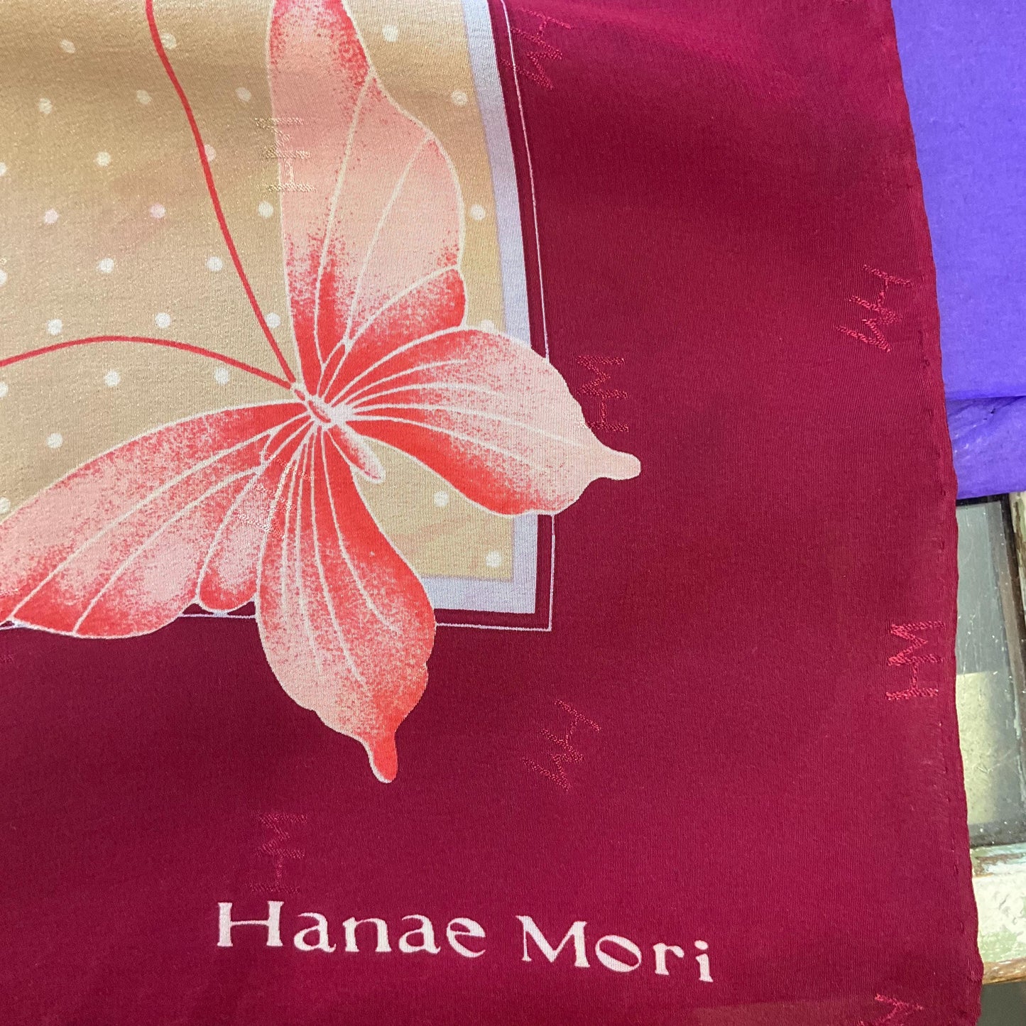 Vintage HANAE MORI ( Madame Butterfly) 1970s/1980s Large Pure Silk Butterflies Scarf, Polka dots and butterfly print