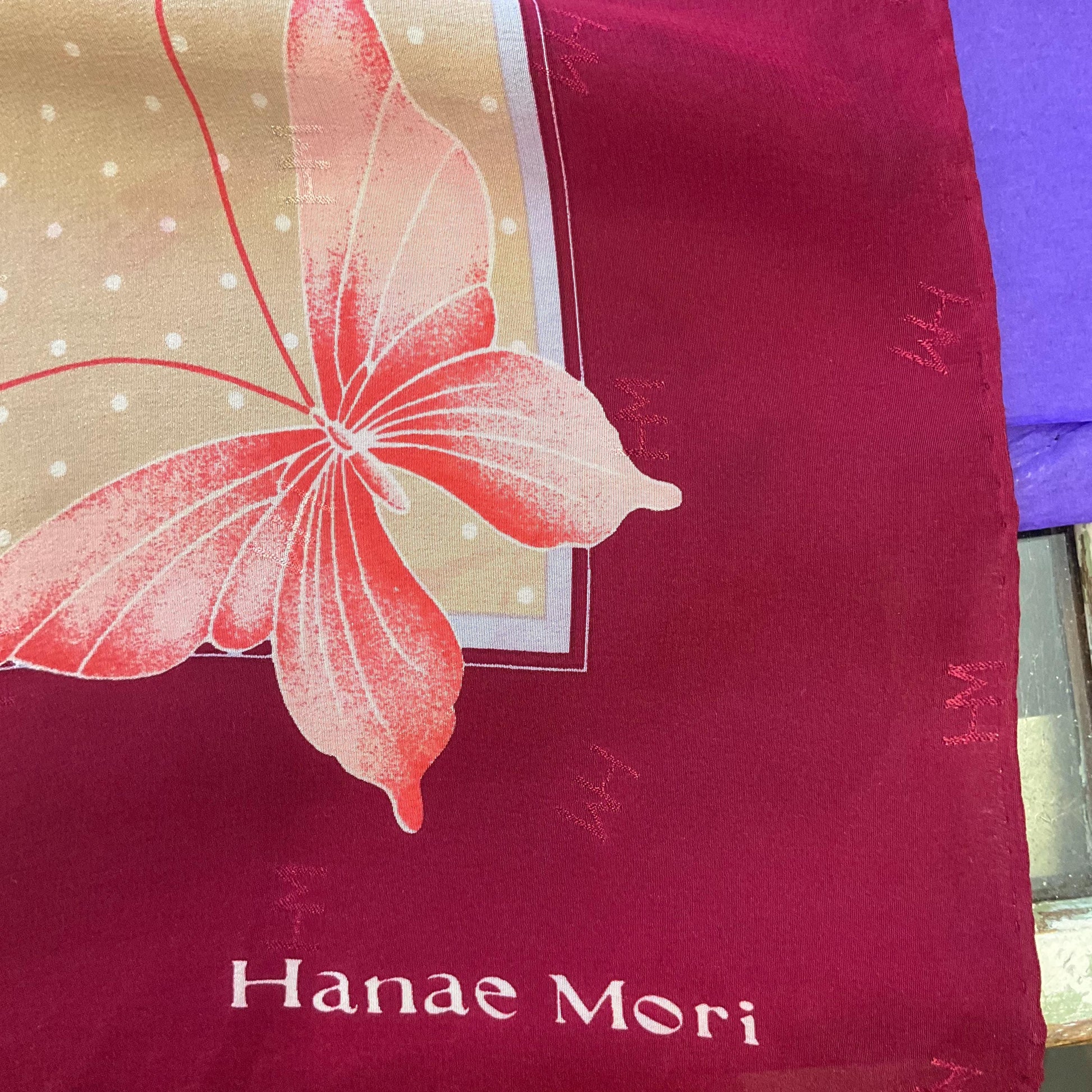 Vintage HANAE MORI ( Madame Butterfly) 1970s/1980s Large Pure Silk Butterflies Scarf, Polka dots and butterfly print