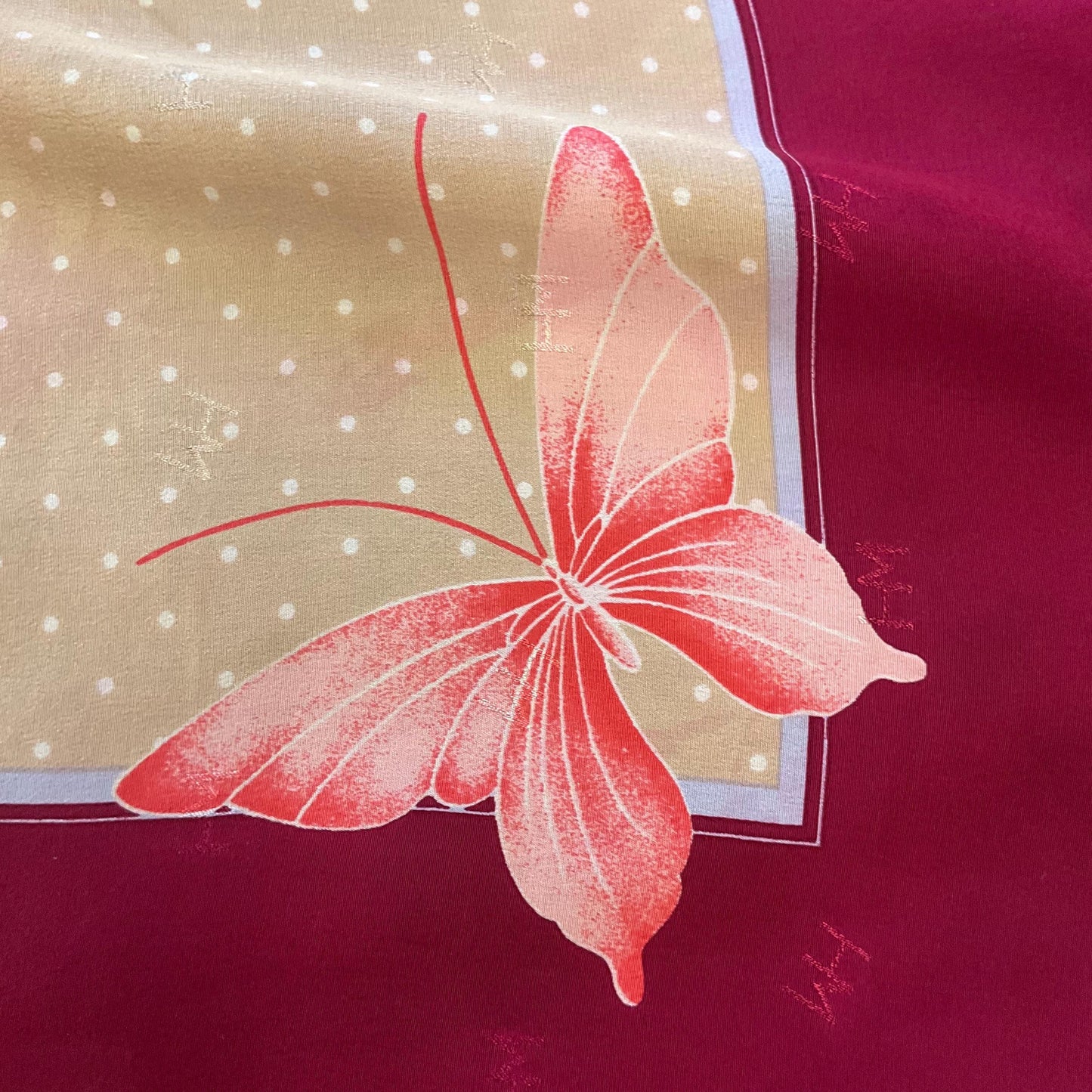 Vintage HANAE MORI ( Madame Butterfly) 1970s/1980s Large Pure Silk Butterflies Scarf, Polka dots and butterfly print