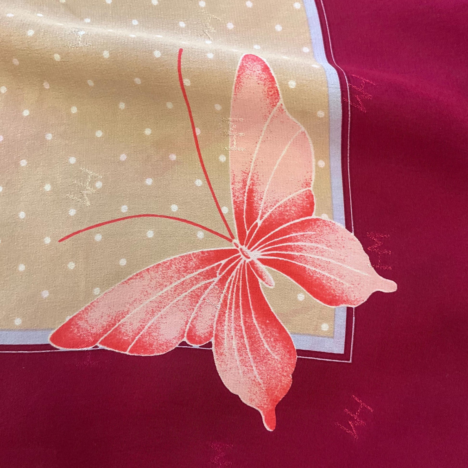 Vintage HANAE MORI ( Madame Butterfly) 1970s/1980s Large Pure Silk Butterflies Scarf, Polka dots and butterfly print