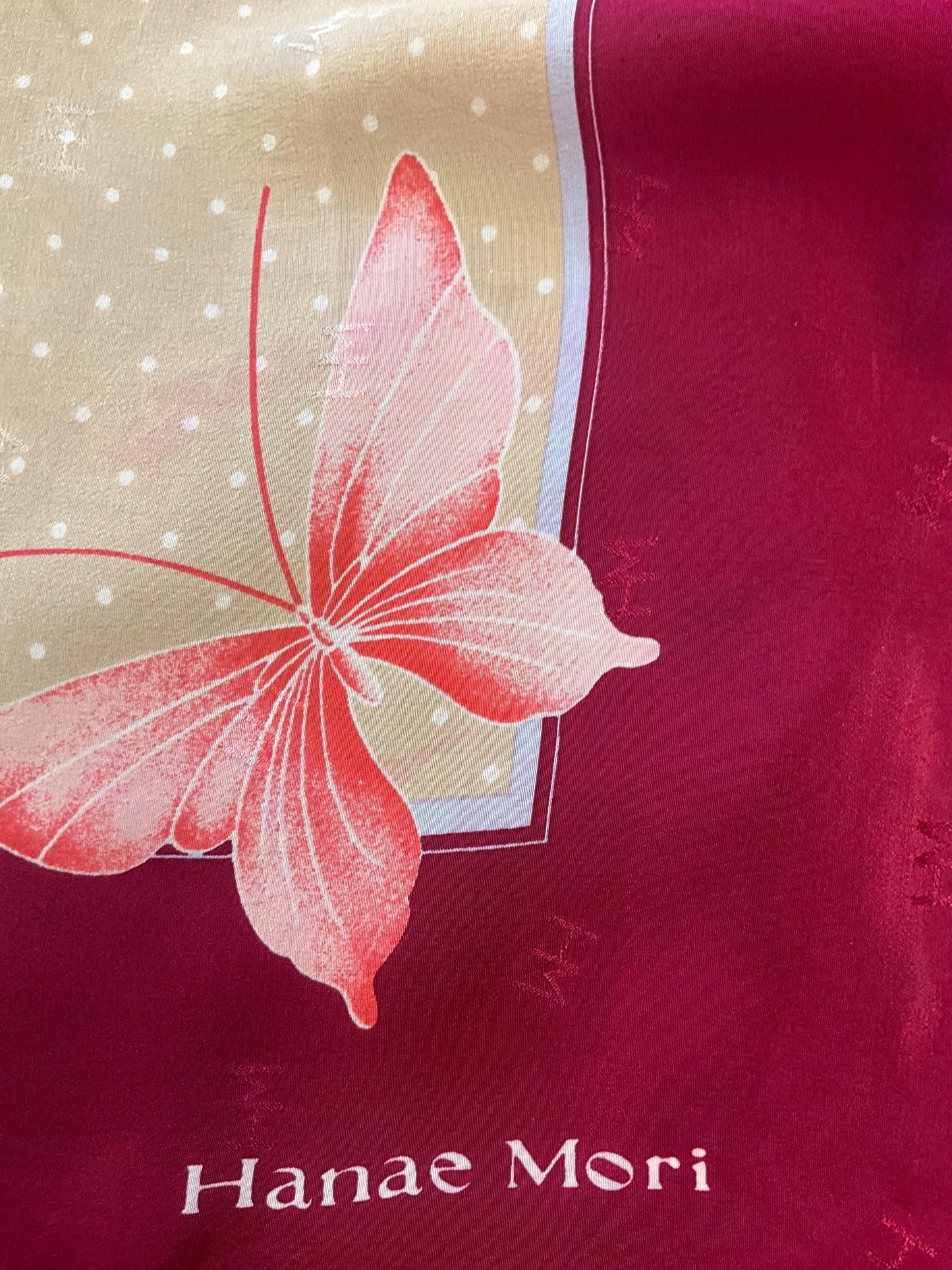 Vintage HANAE MORI ( Madame Butterfly) 1970s/1980s Large Pure Silk Butterflies Scarf, Polka dots and butterfly print