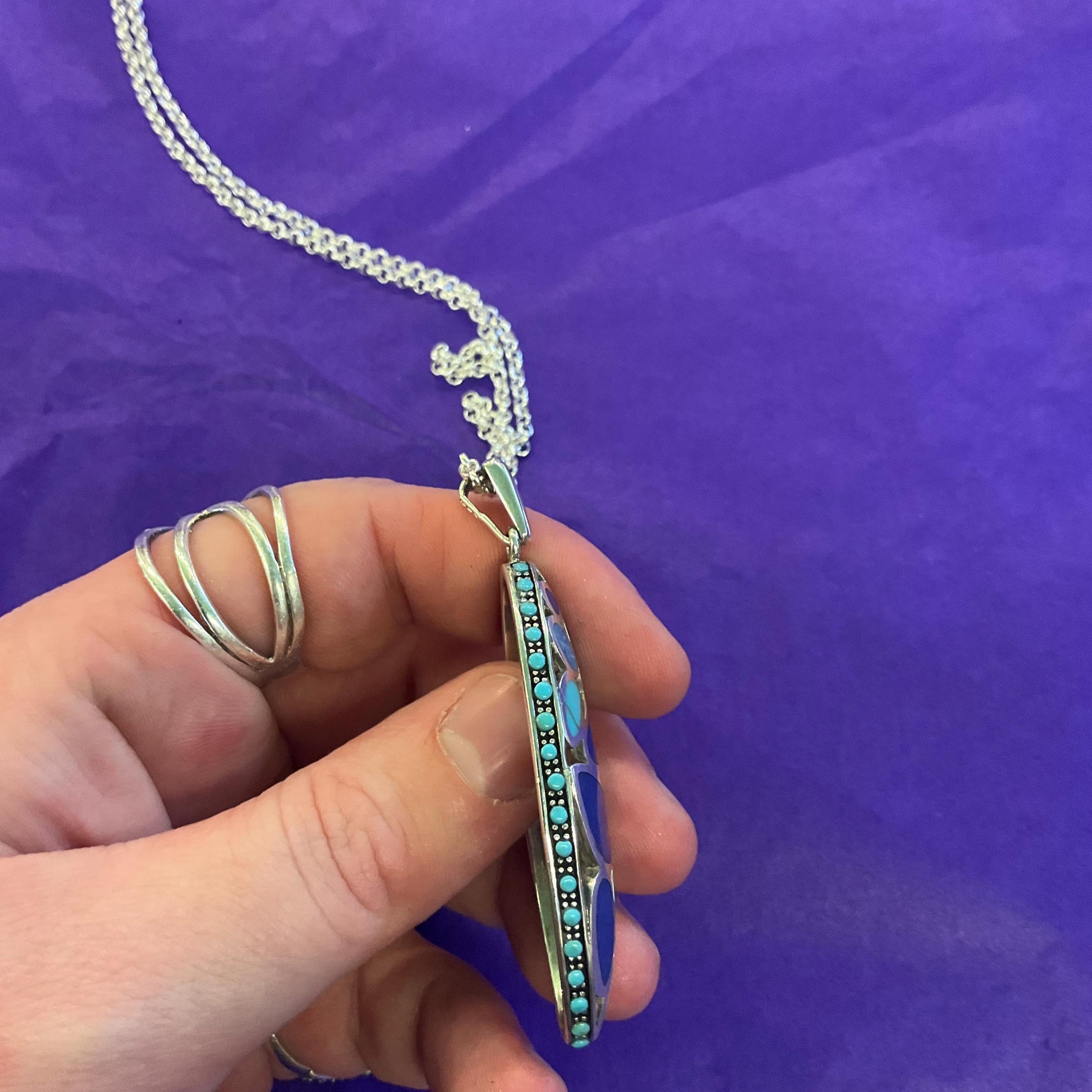 Vintage Silver (925), Turquoise and Lapis Lazuli Large oval cut work Pendant, Artisan made with Silver plated chain