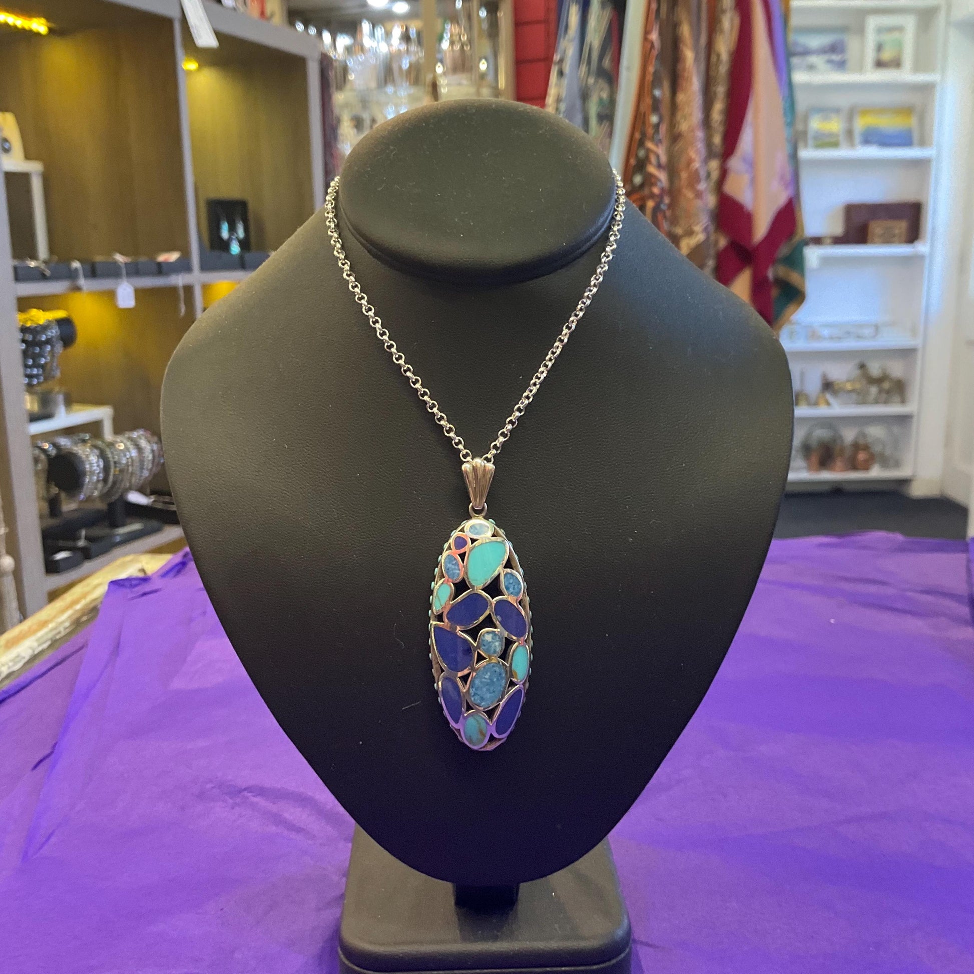 Vintage Silver (925), Turquoise and Lapis Lazuli Large oval cut work Pendant, Artisan made with Silver plated chain