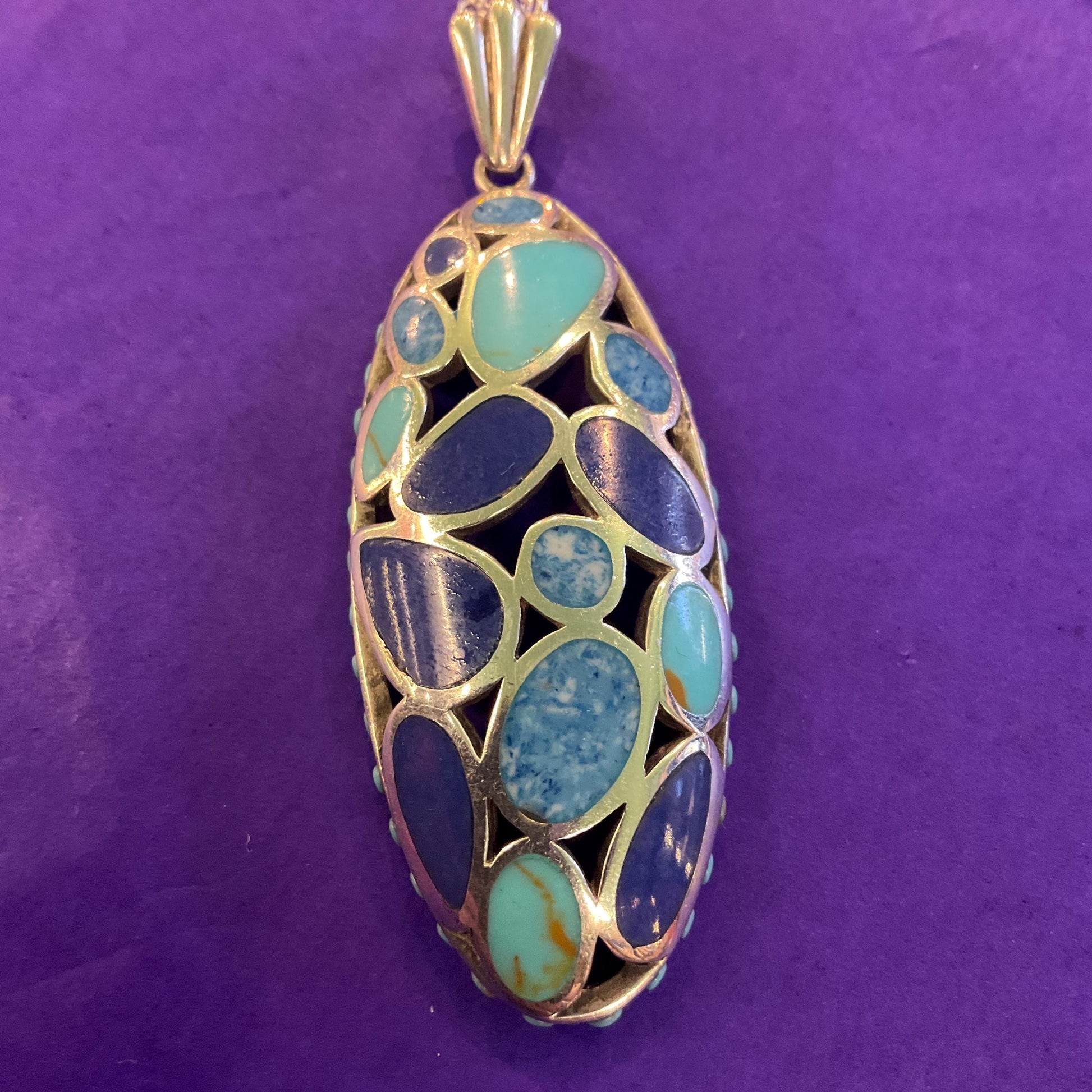Vintage Silver (925), Turquoise and Lapis Lazuli Large oval cut work Pendant, Artisan made with Silver plated chain