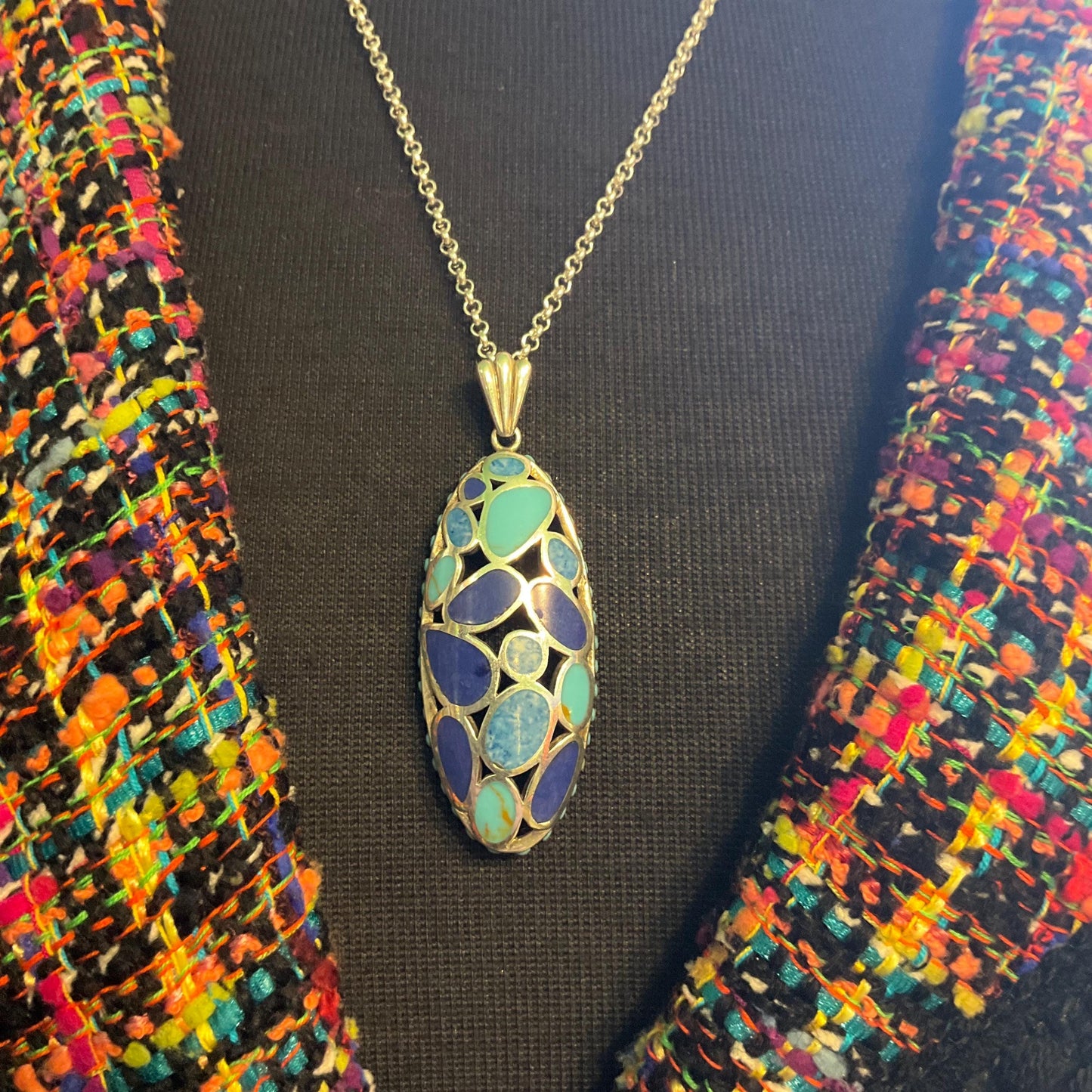 Vintage Silver (925), Turquoise and Lapis Lazuli Large oval cut work Pendant, Artisan made with Silver plated chain