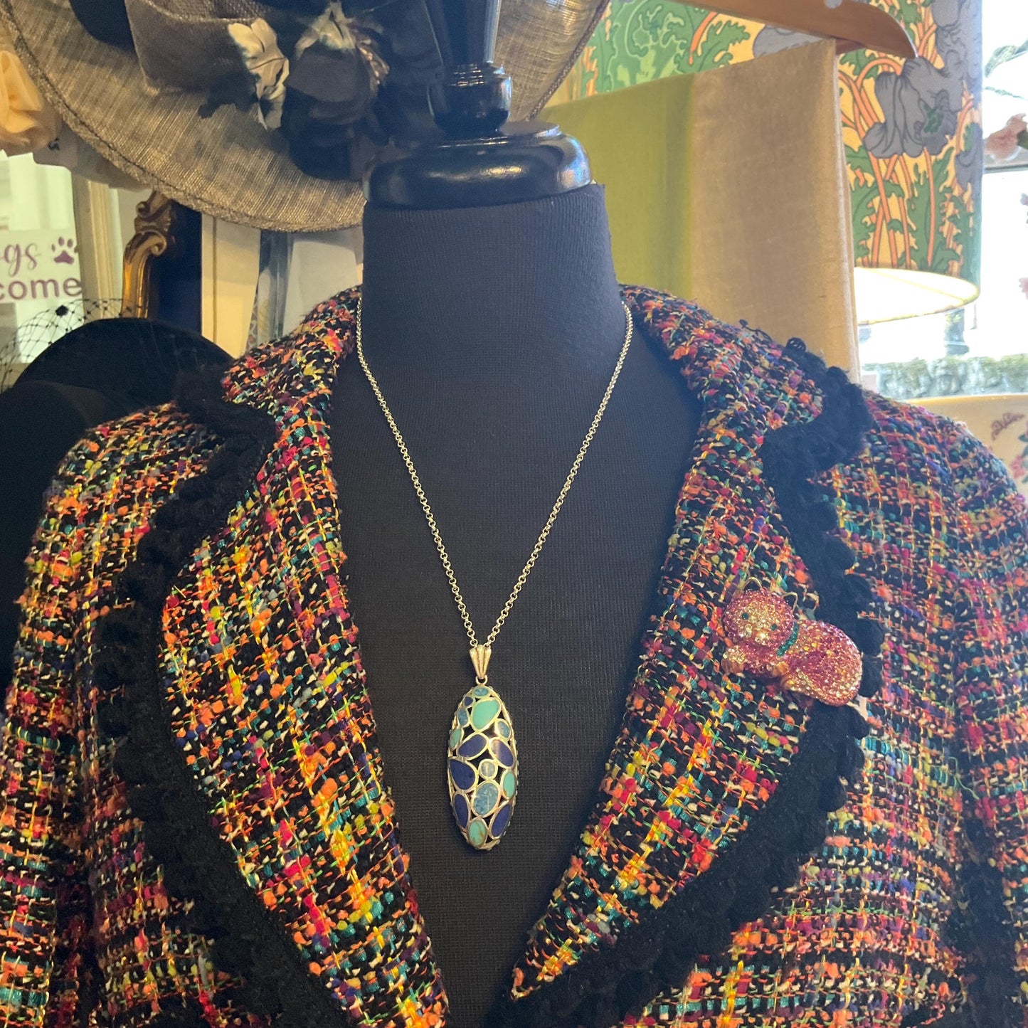 Vintage Silver (925), Turquoise and Lapis Lazuli Large oval cut work Pendant, Artisan made with Silver plated chain