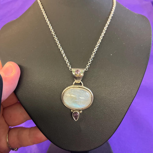 Vintage Silver (925), Moonstone and Amethyst Pendant Necklace, Artisan Made with a silver plated chain