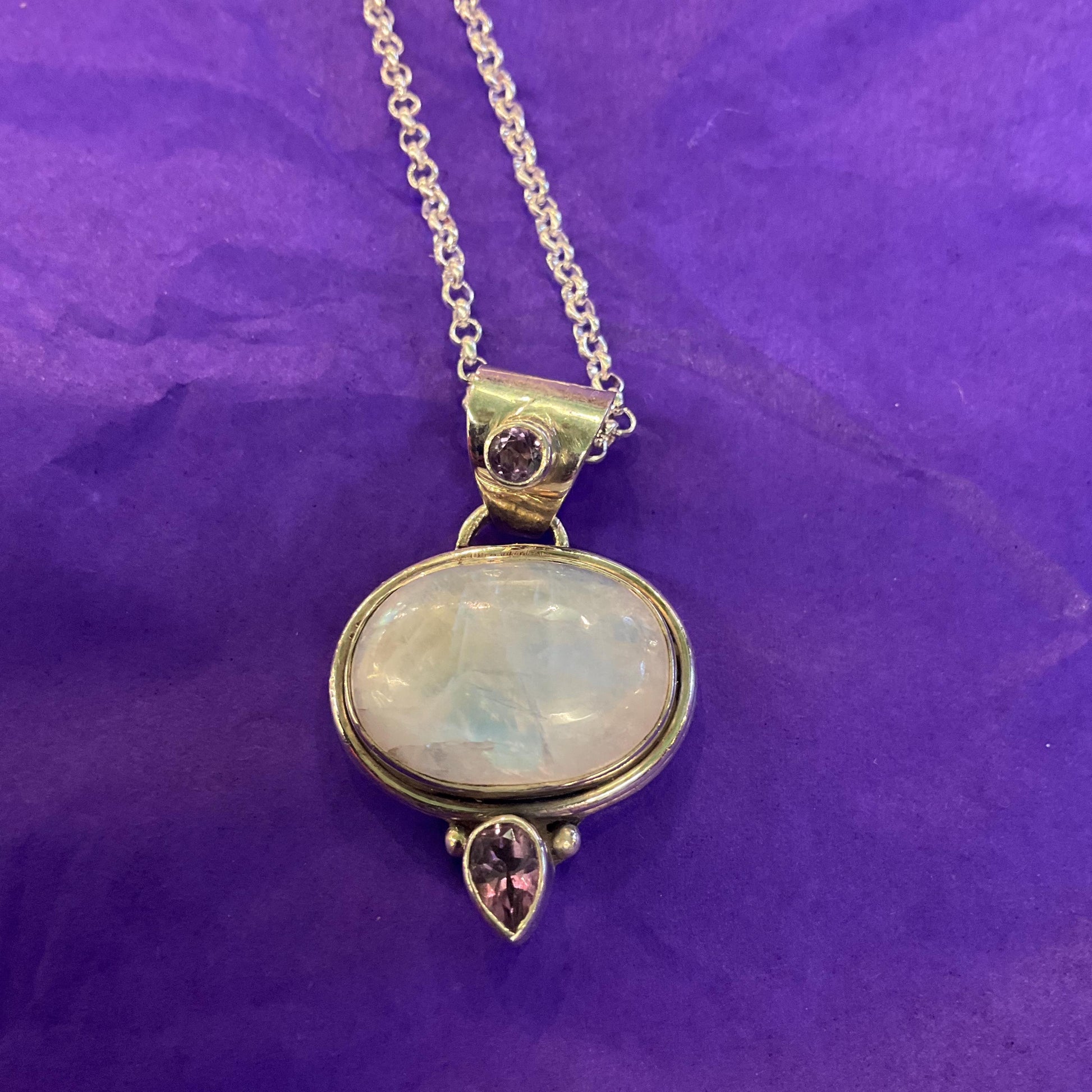 Vintage Silver (925), Moonstone and Amethyst Pendant Necklace, Artisan Made with a silver plated chain